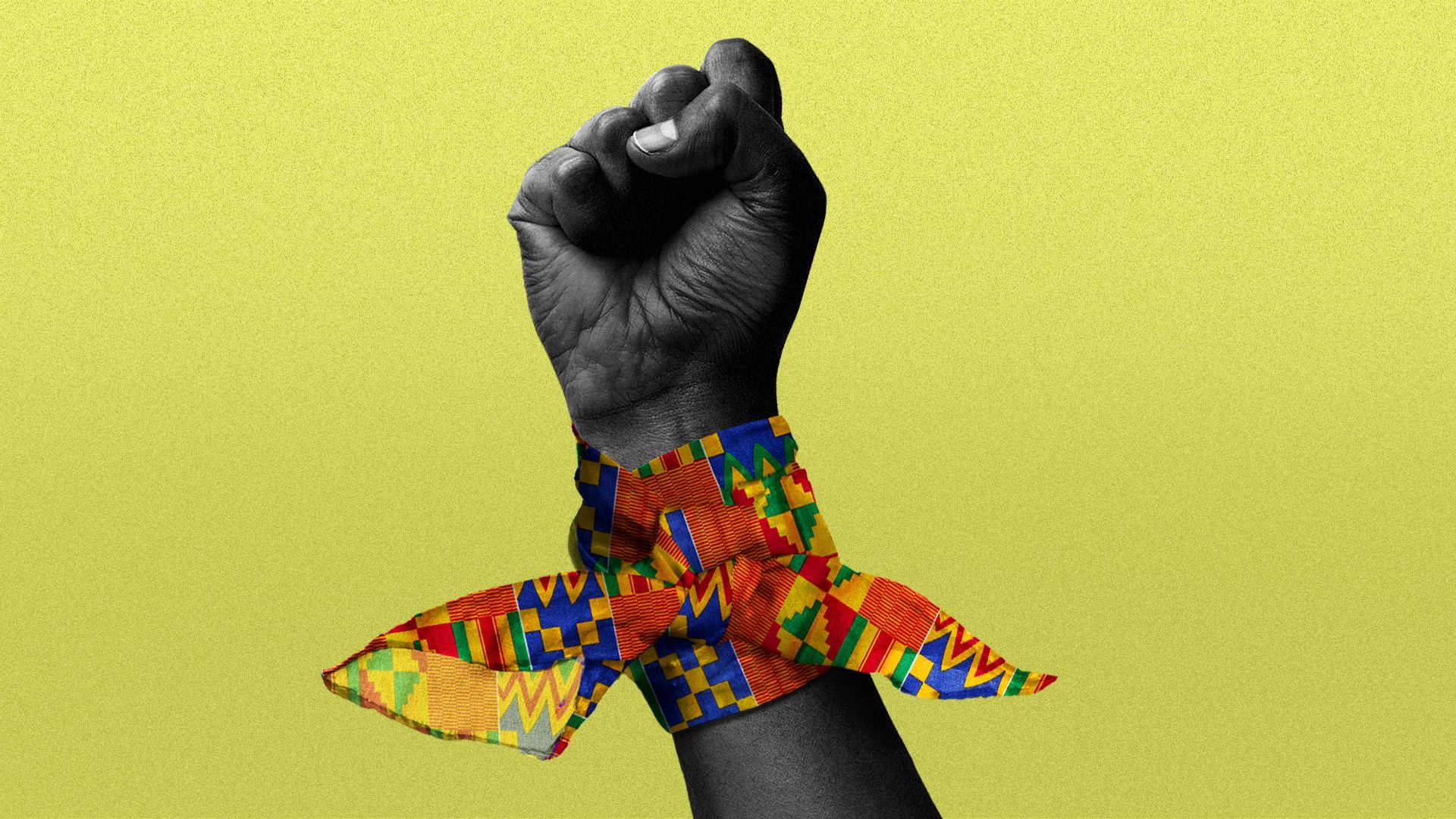 Illustration of a Black fist wearing a kente cloth bandana.