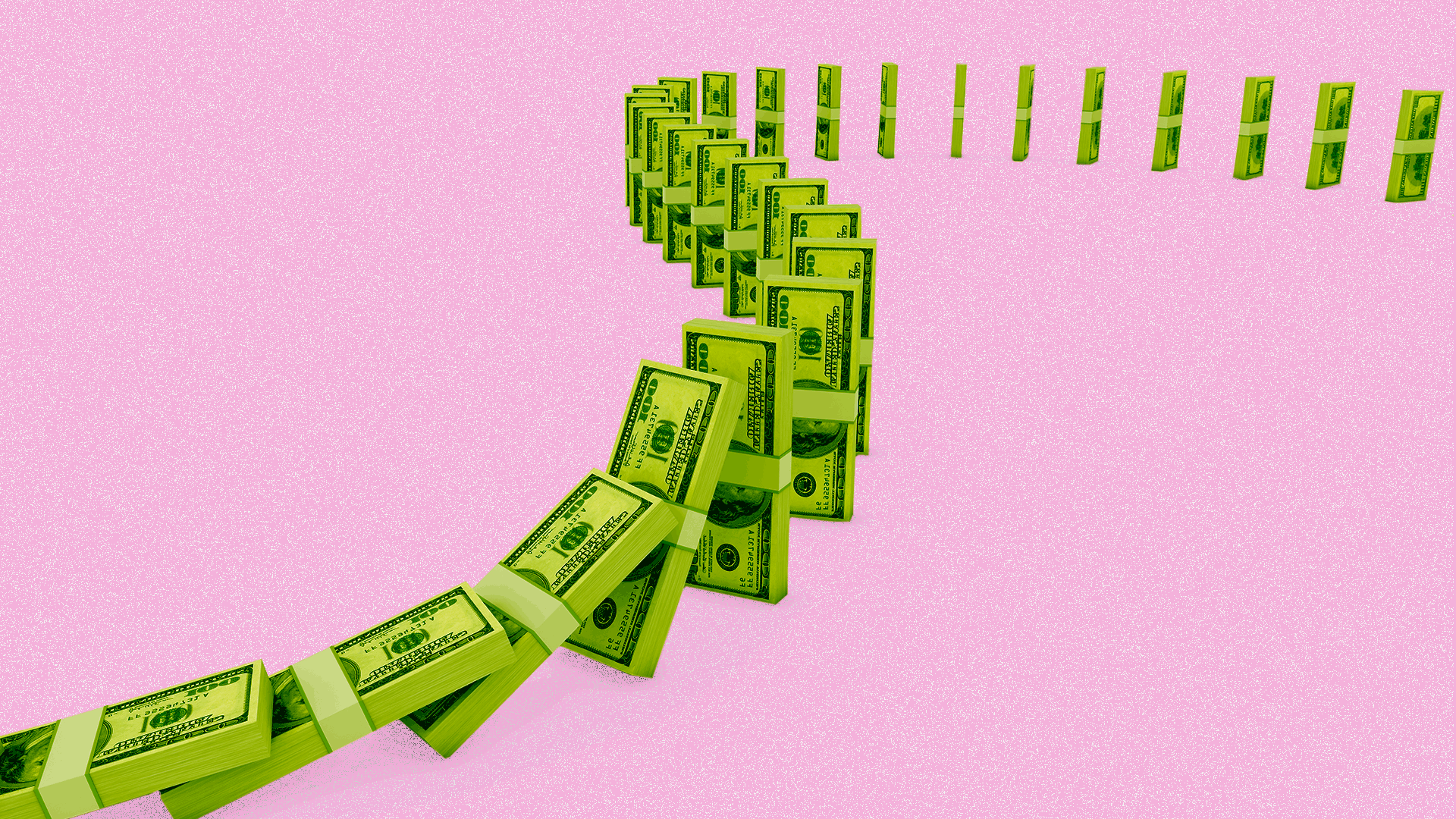 Illustration of dollar bill stacks as a line of dominos.