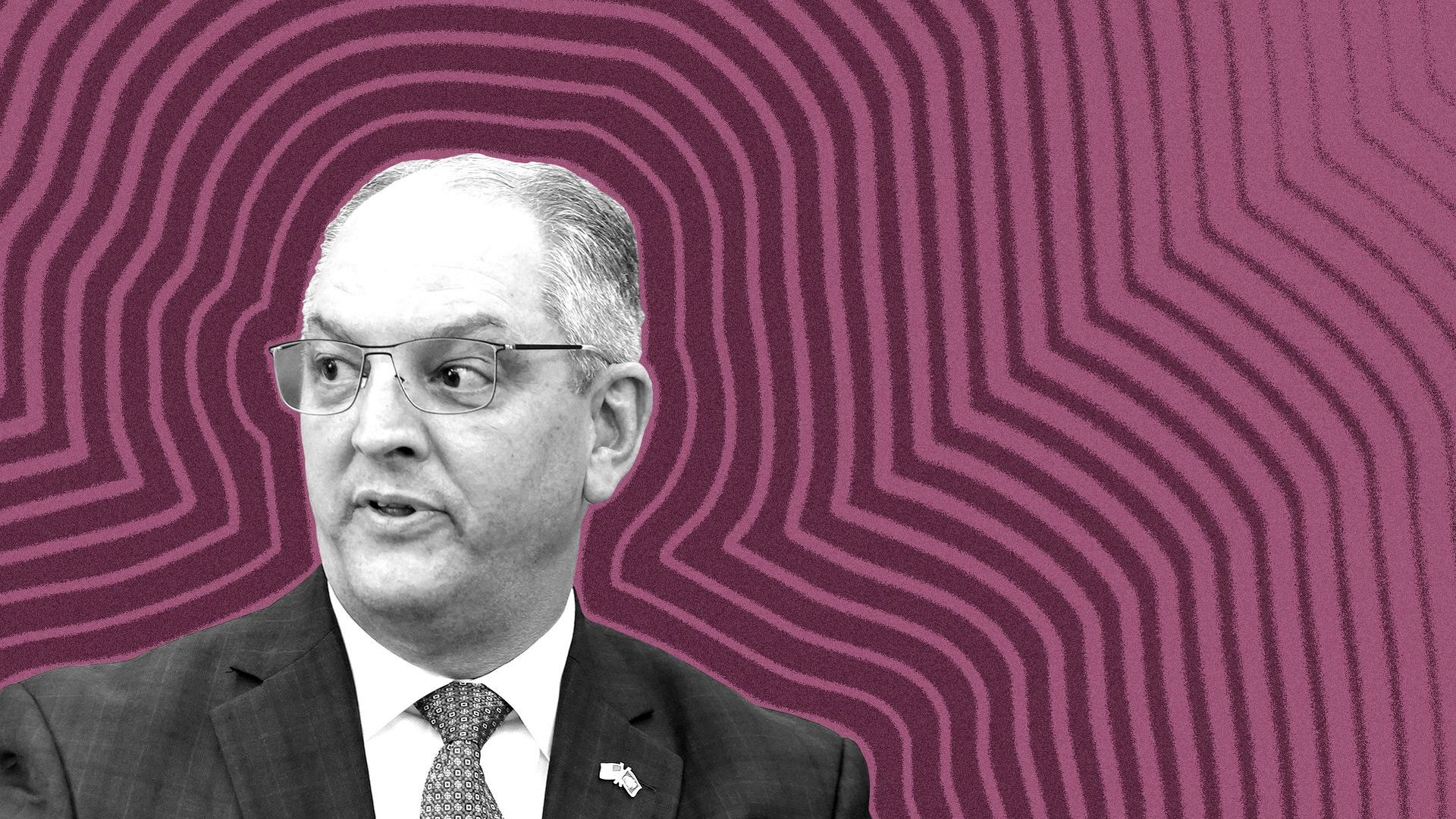 Photo illustration of John Bel Edwards with lines emanating from him.