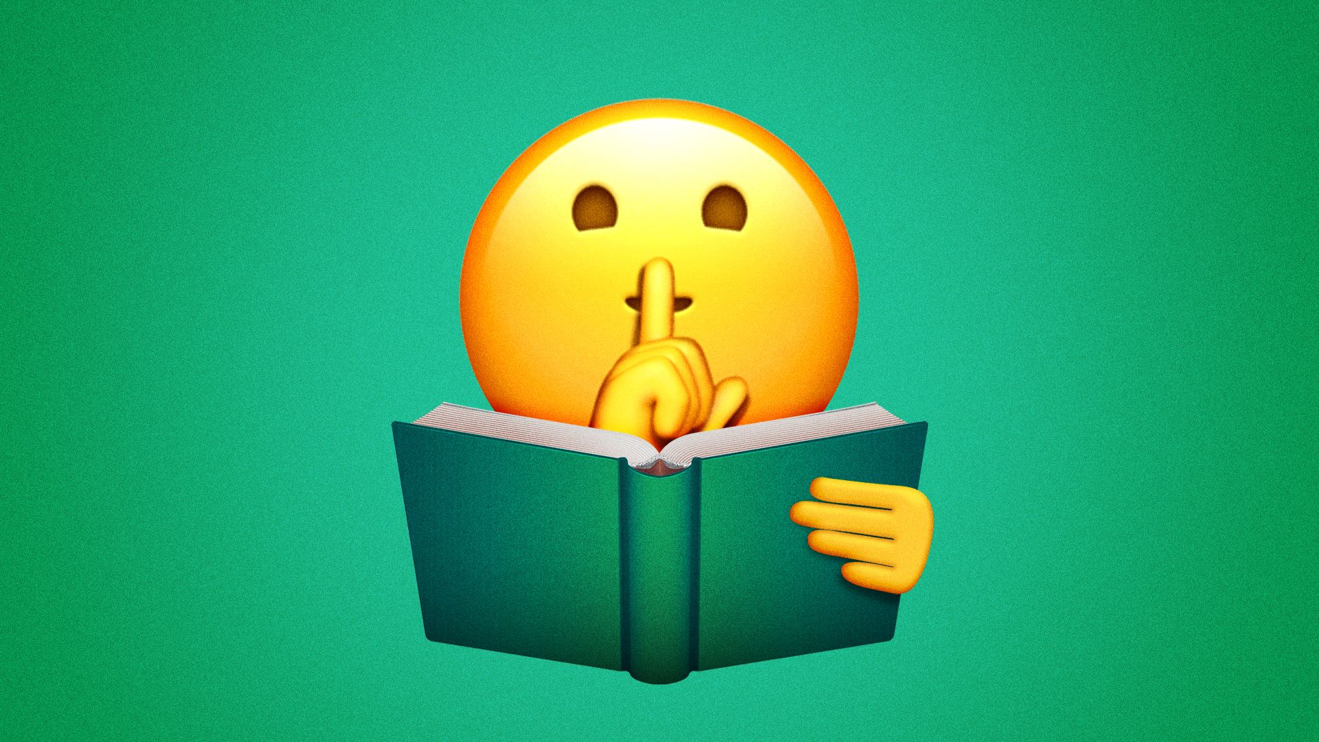 Illustration of an emoji with finger over lips signaling silence, holding open green book against a teal background.