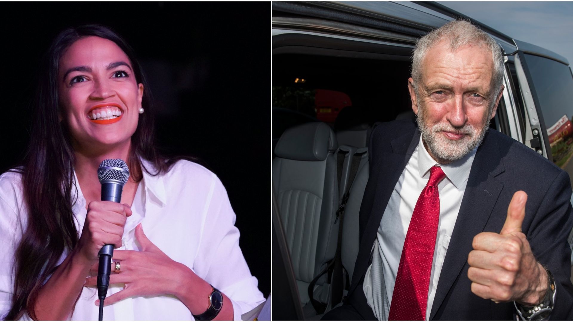 Alexandria Ocasio-Cortez smiling, opposite Jeremy Corbyn who is giving a thumbs up