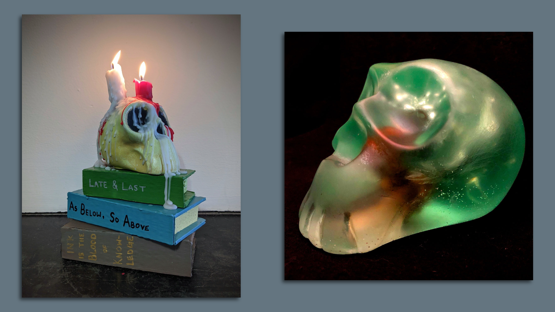 Image shows two pictures of decorated skulls.