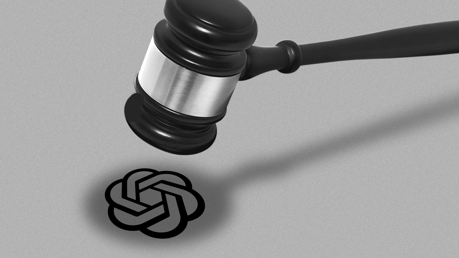 Illustration of a gavel hovering over the openai logo