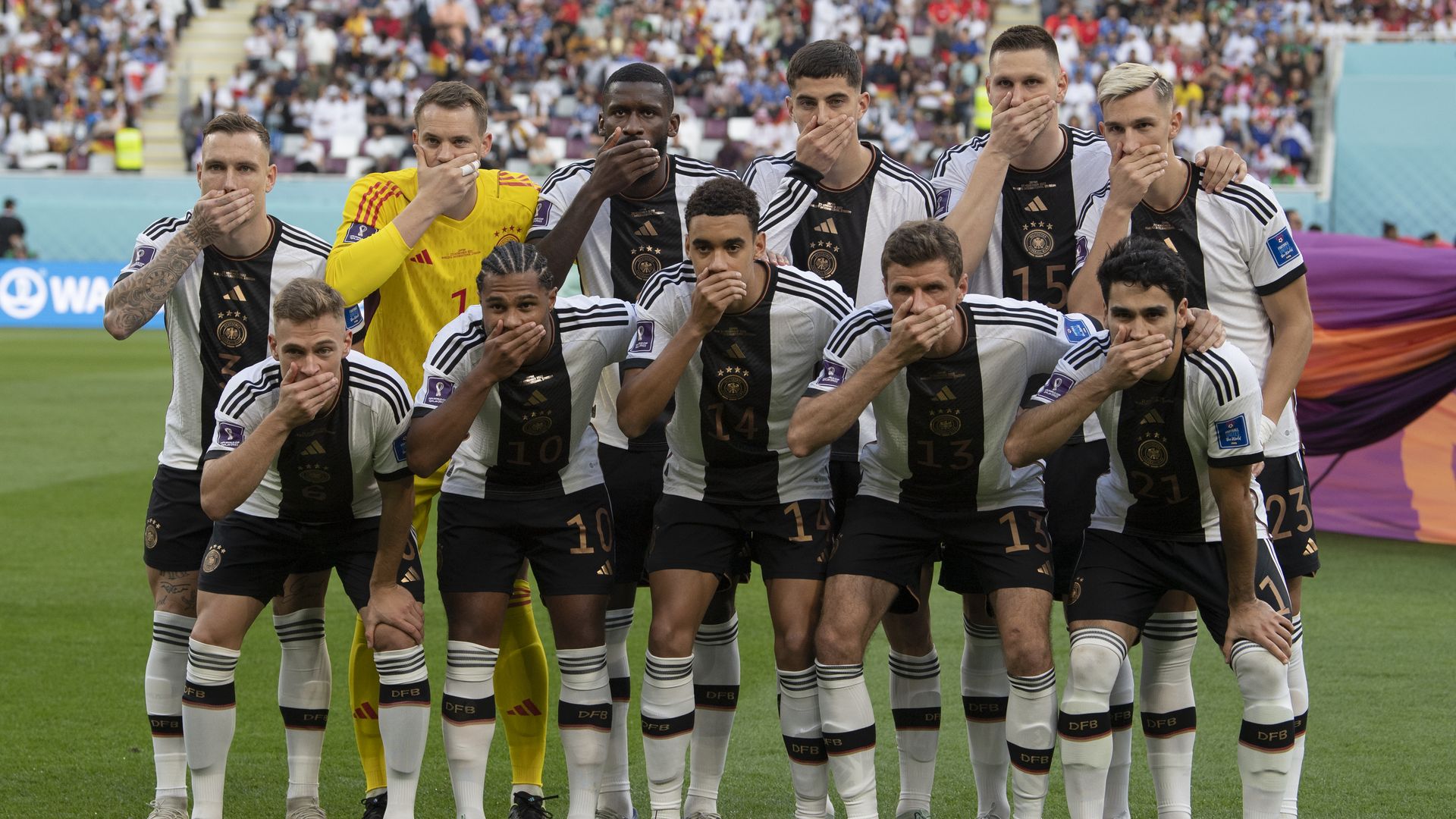 Members of the German soccer team pose before a World Cup game. 