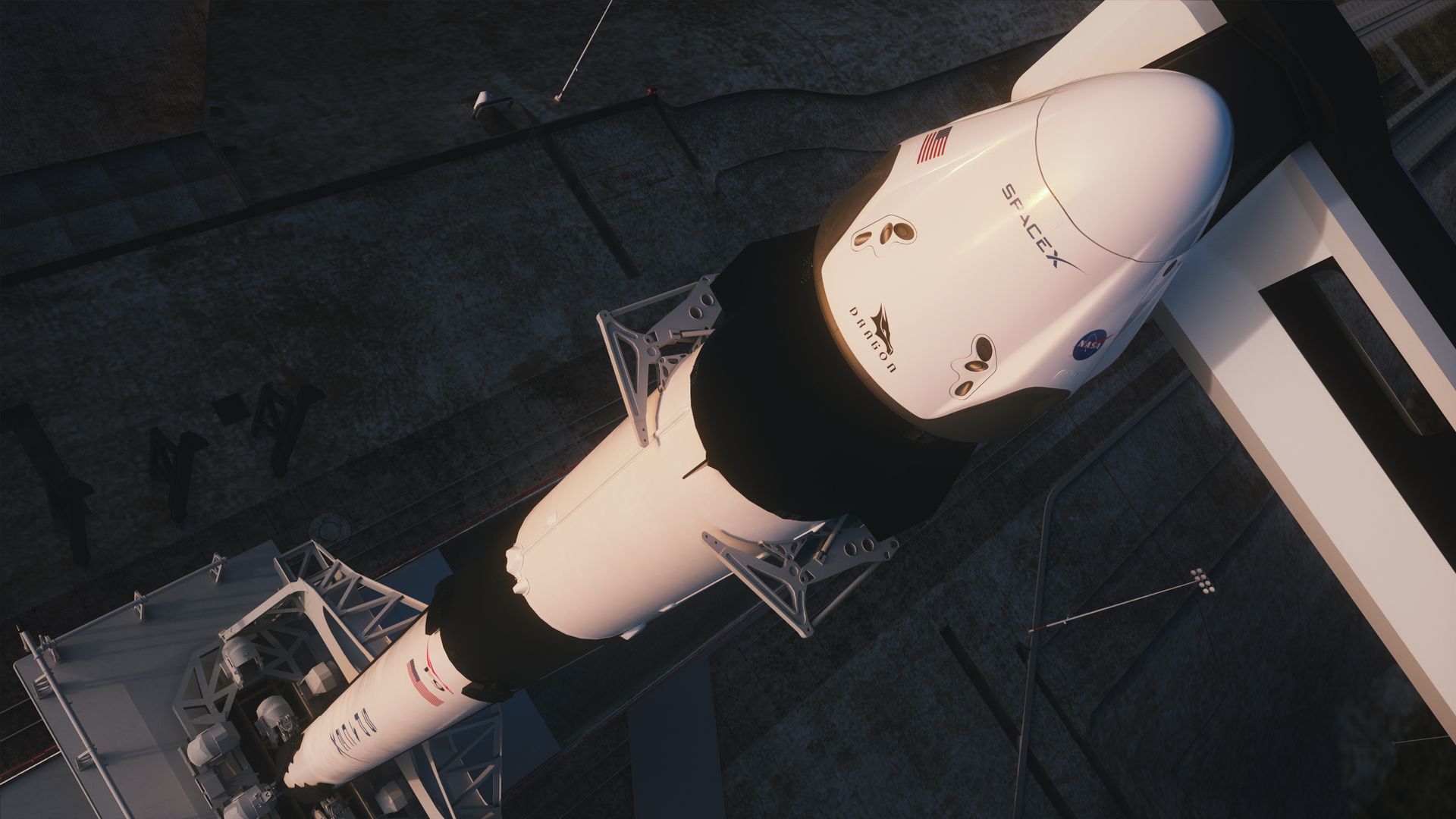 A top-down view of a Crew Dragon capsule atop a Falcon 9 rocket. (Artist's illustration)
