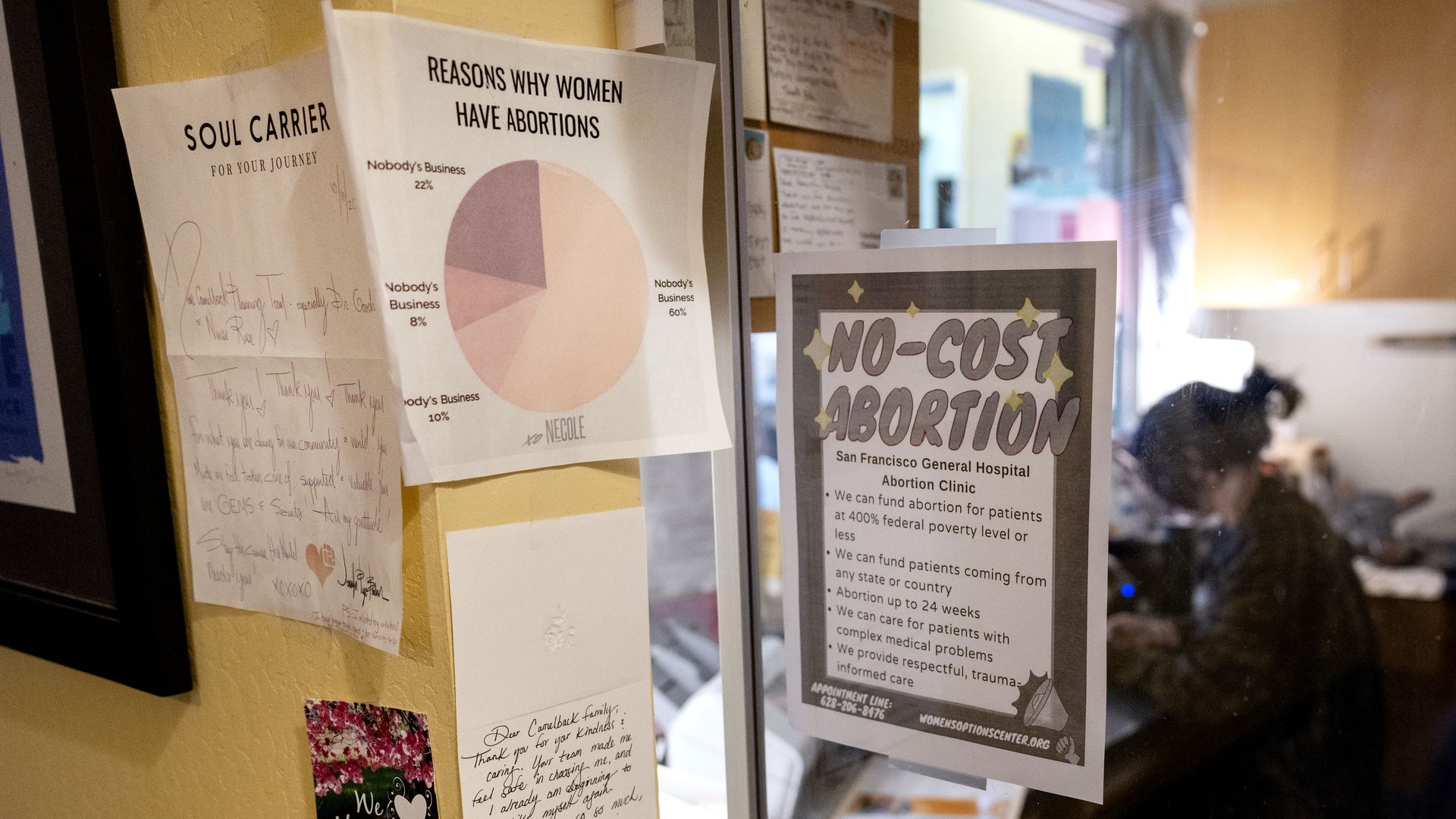 Papers are posted at the check-in window of a medical office 