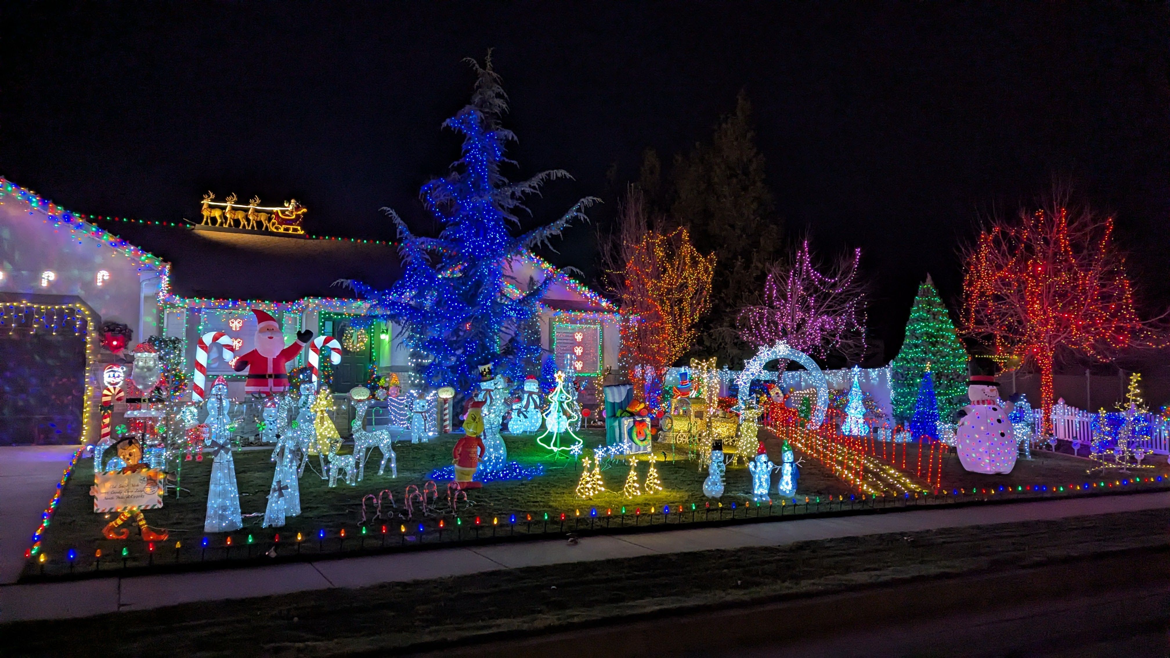Lots of lighted decorations and tree lights at a house with a sleigh on the roof.