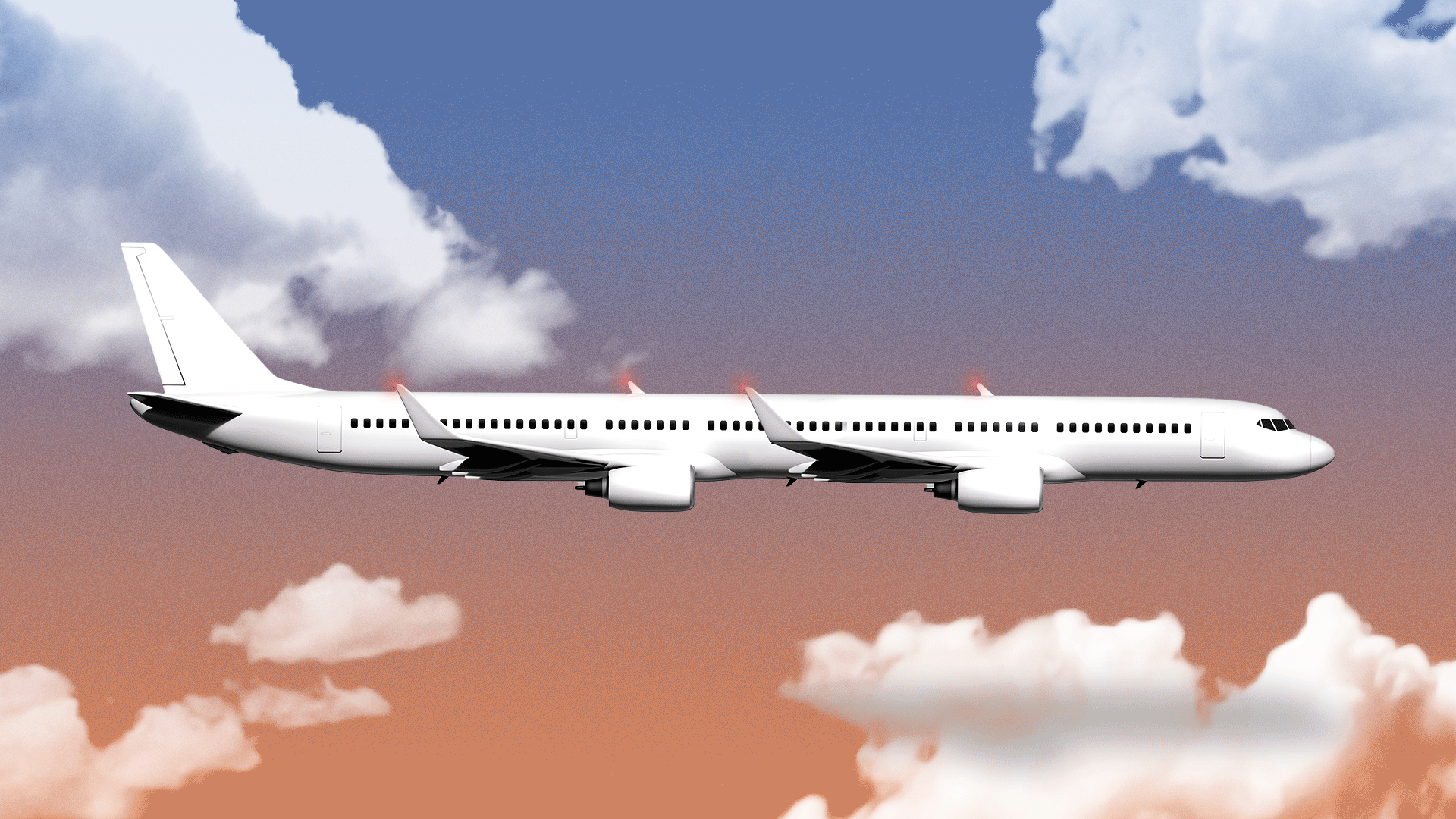 Animated illustration of a super long plane with four wings. 