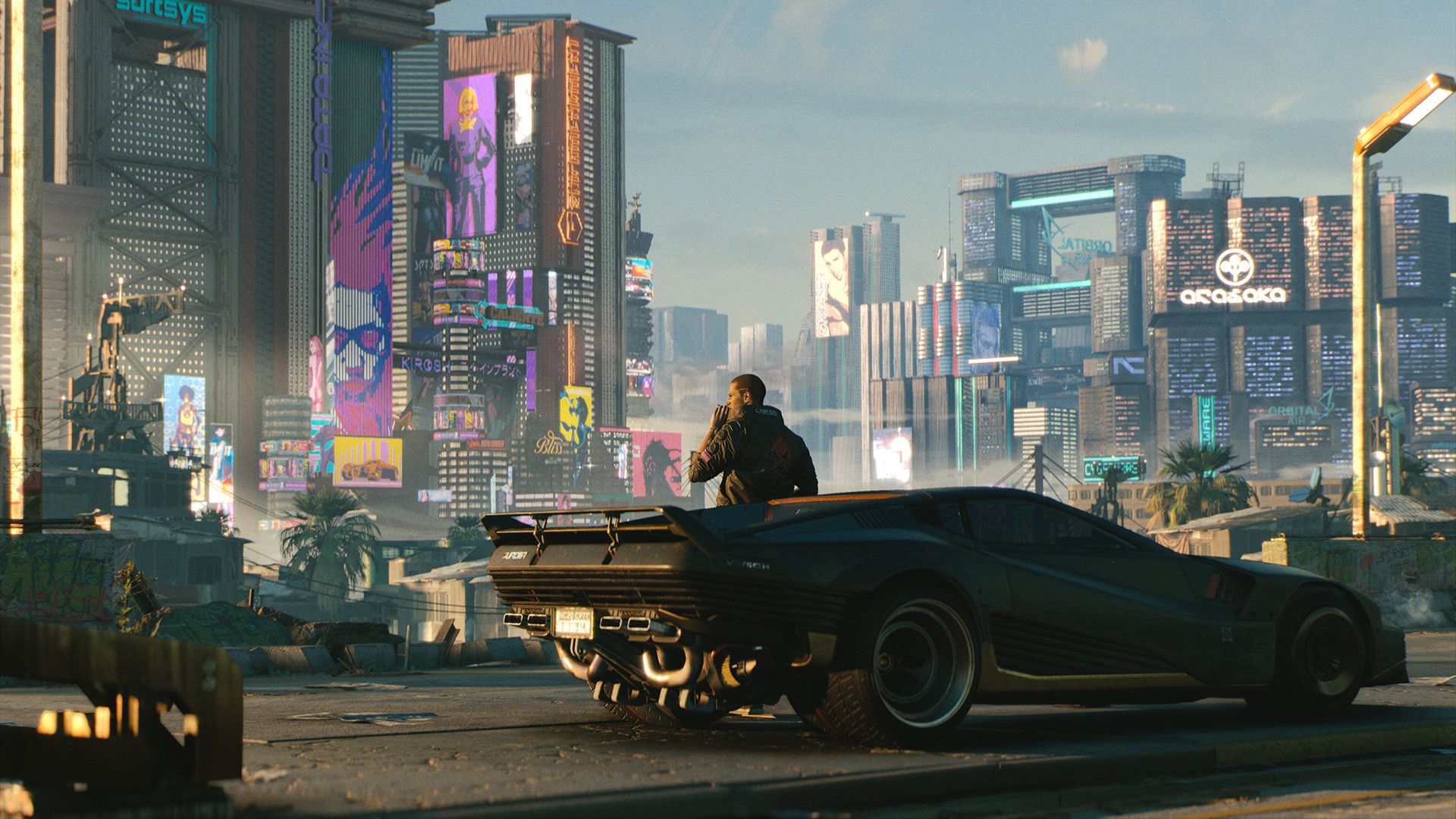 Image of a character standing next to their car in the video game Cyberpunk 2077