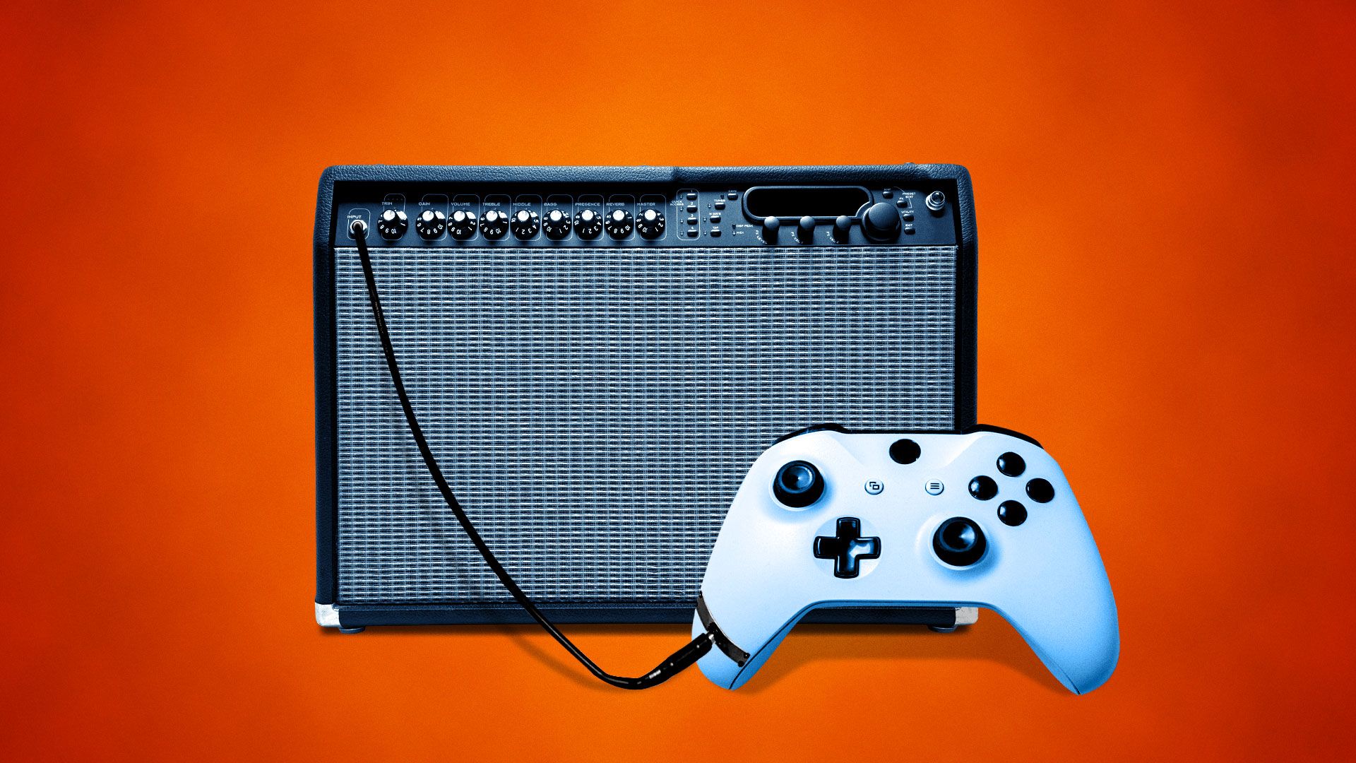 Illustration of video game controller plugged into an amp