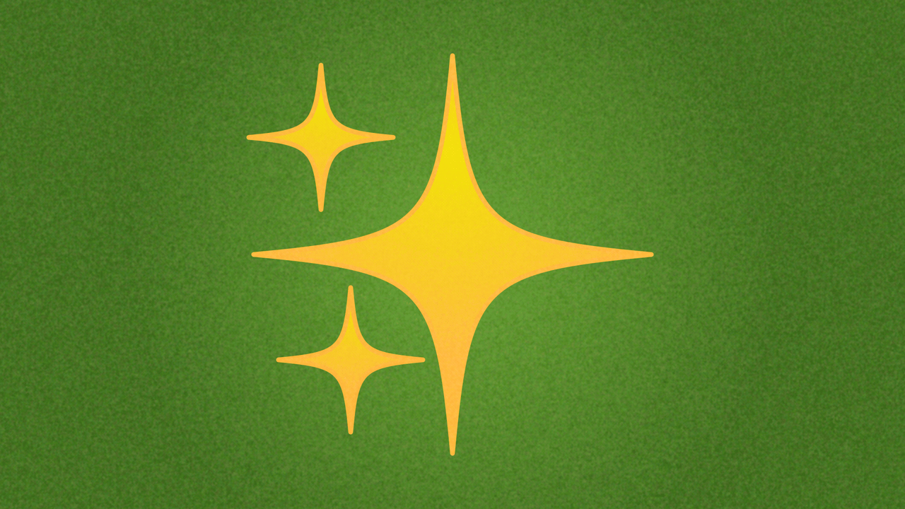 Animated illustration of a sparkle emoji that changes into a raised-eyebrow emoji and back.