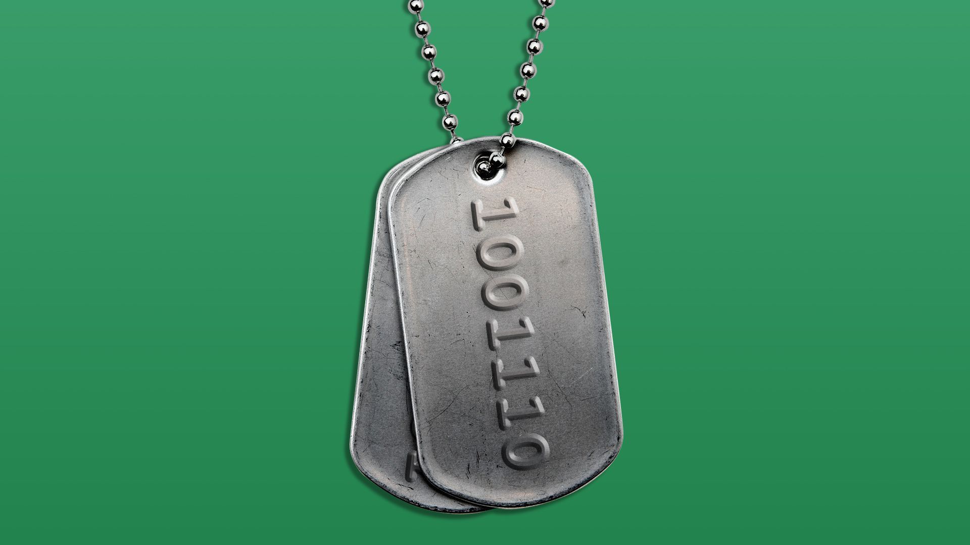 Illustration of a pair of dog tags with binary on them.