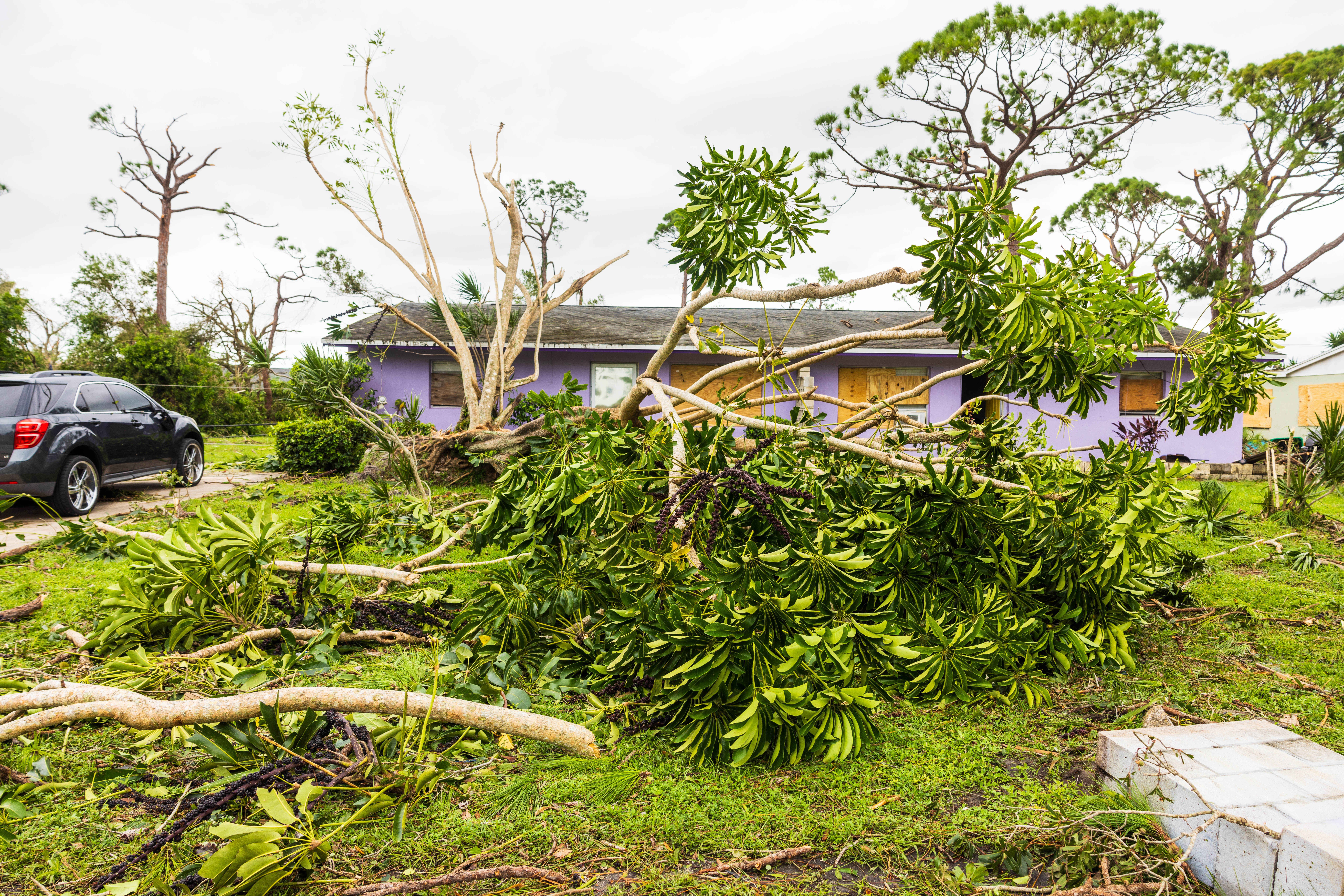 PORT ST LUCIE, FLORIDA - OCTOBER 10: Homes damaged by a tornado caused by Hurricane Milton, on October 10, 2024 in Port St Lucie, Florida. The storm made landfall as a Category 3 hurricane in the Siesta Key area of Florida, causing damage and flooding throughout Central Florida. (Photo by Saul Marti