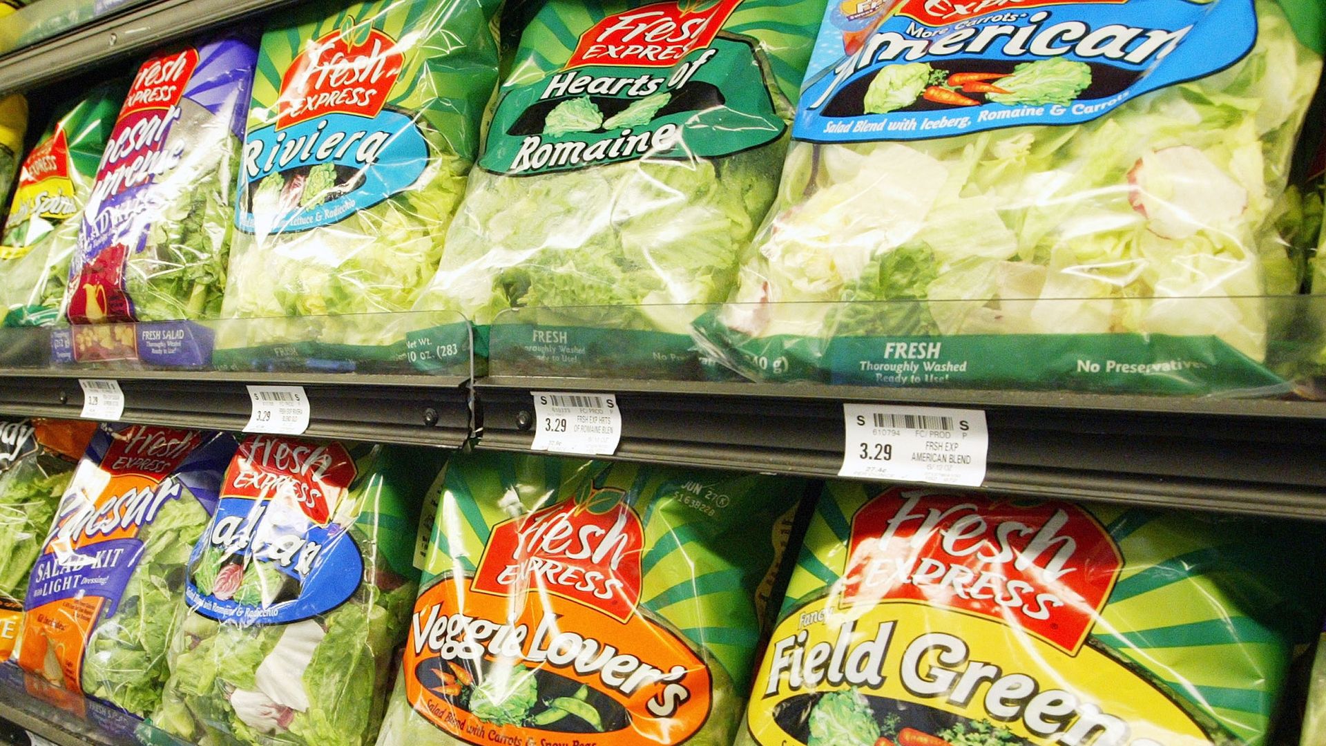 Fresh Express & Ready Pak Pre-Packaged salad sits on the shelf at a Bell Market grocery store June 19, 2003 in San Francisco, California. 