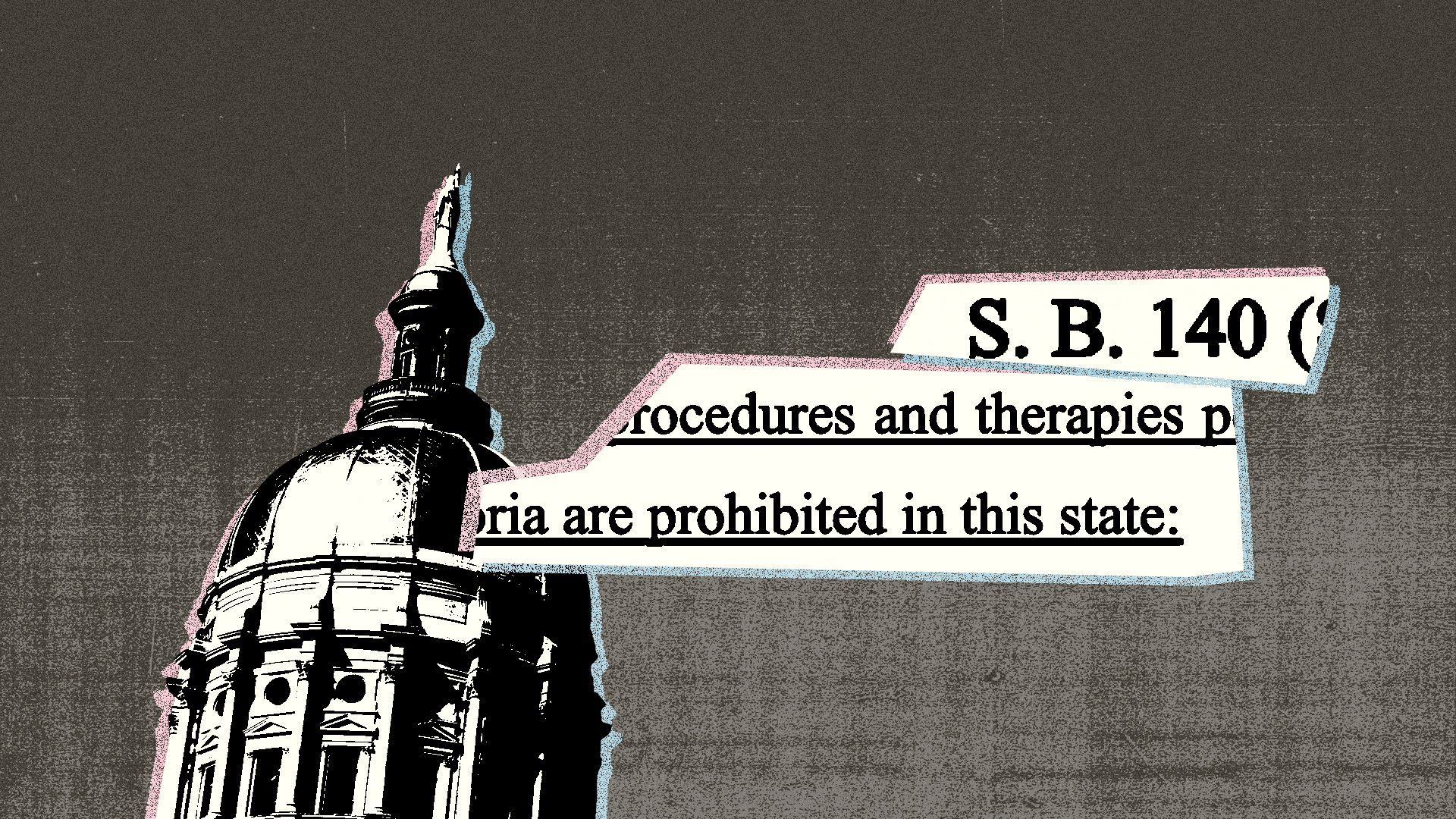 Illustration of the Georgia State Capitol building and snippets of legislative text from SB 140.