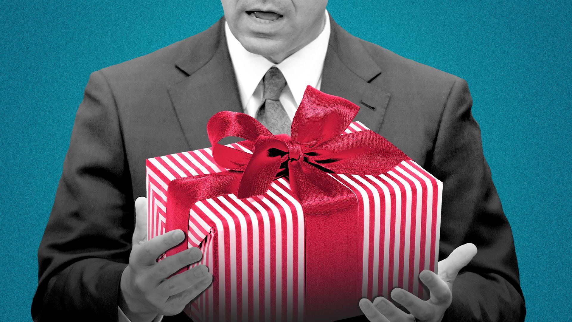 Photo illustration of Ron DeSantis holding a present.