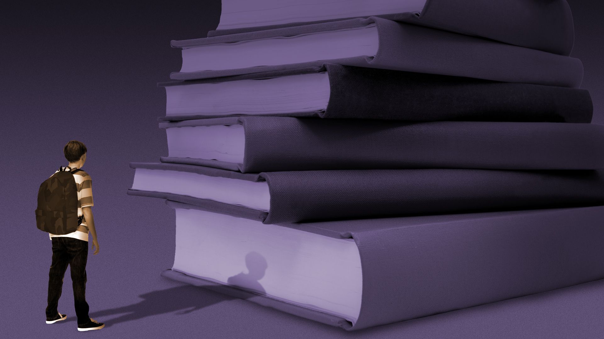 Illustration of a tiny student looking at a huge stack of books.