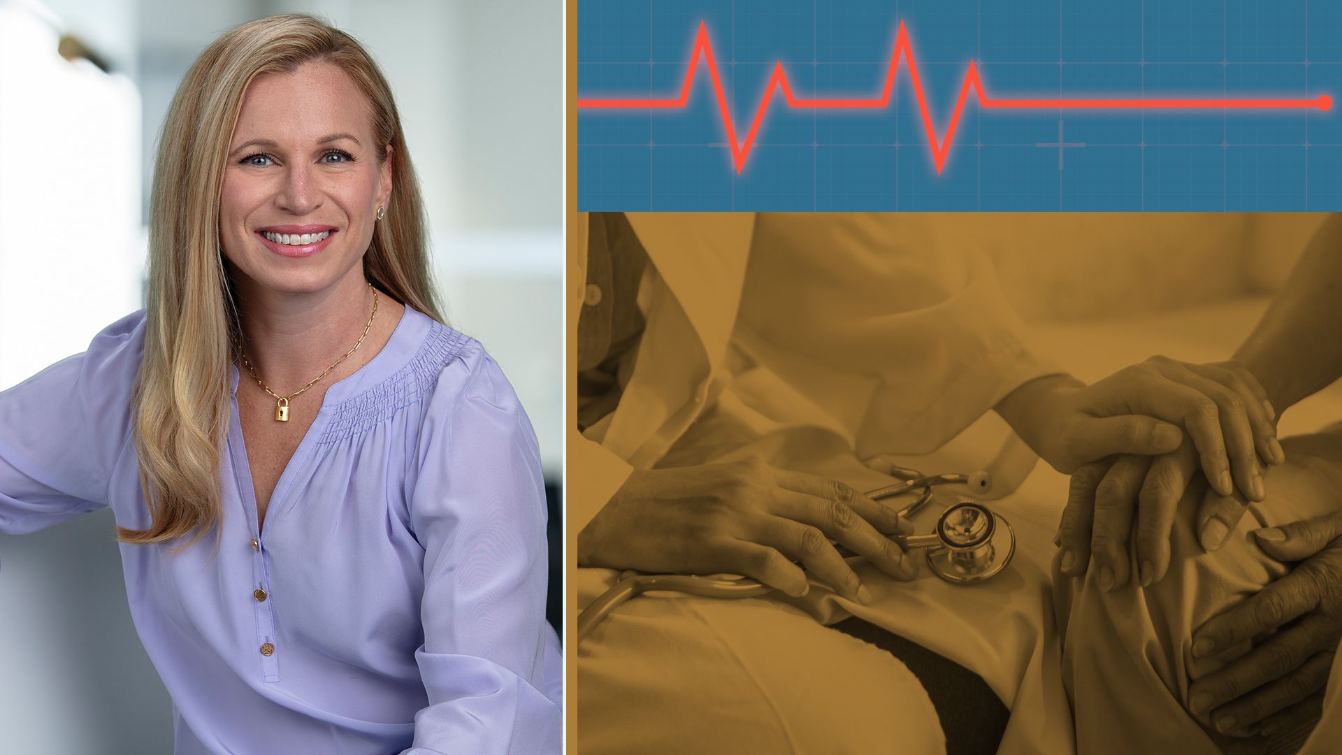 Photo illustration of LRVHealth partner Ellen Herlacher beside an image of a doctor holding a patient's hand with a stethoscope, and a red heartbeat line on a blue background.