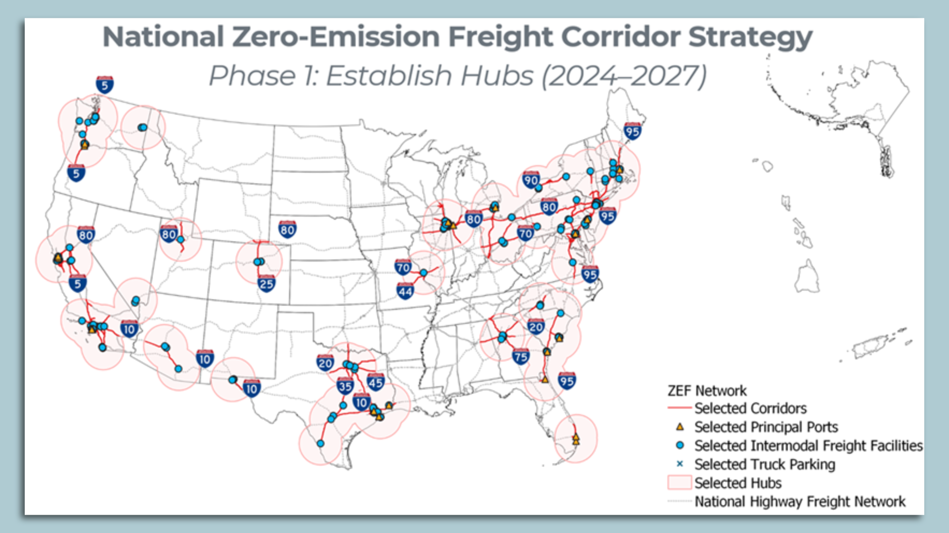 A map of the Biden Administration's National Zero-Emission Freight Corridor Strategy.