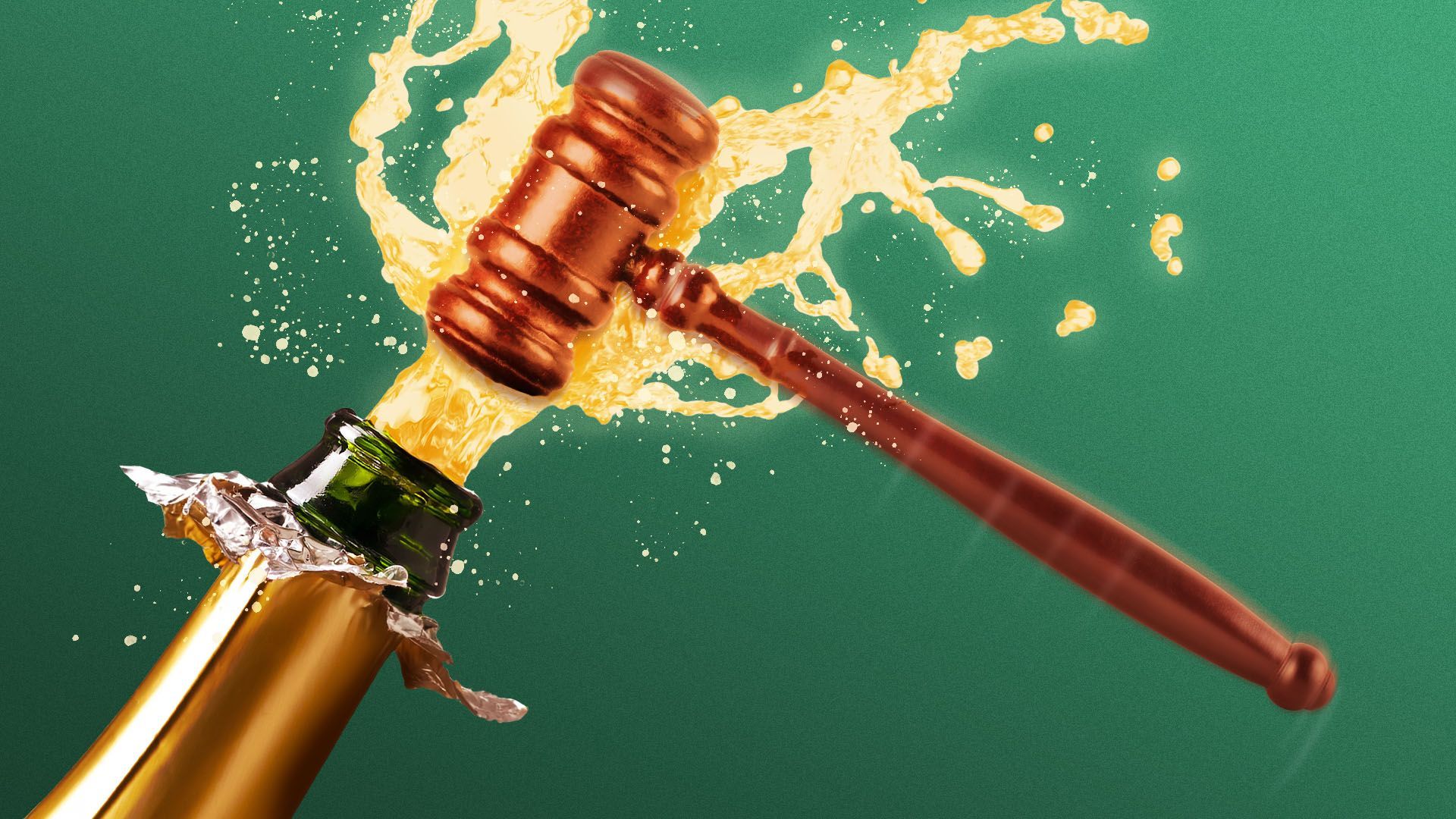 Illustration of a gavel popping out of a bottle of champagne like a cork
