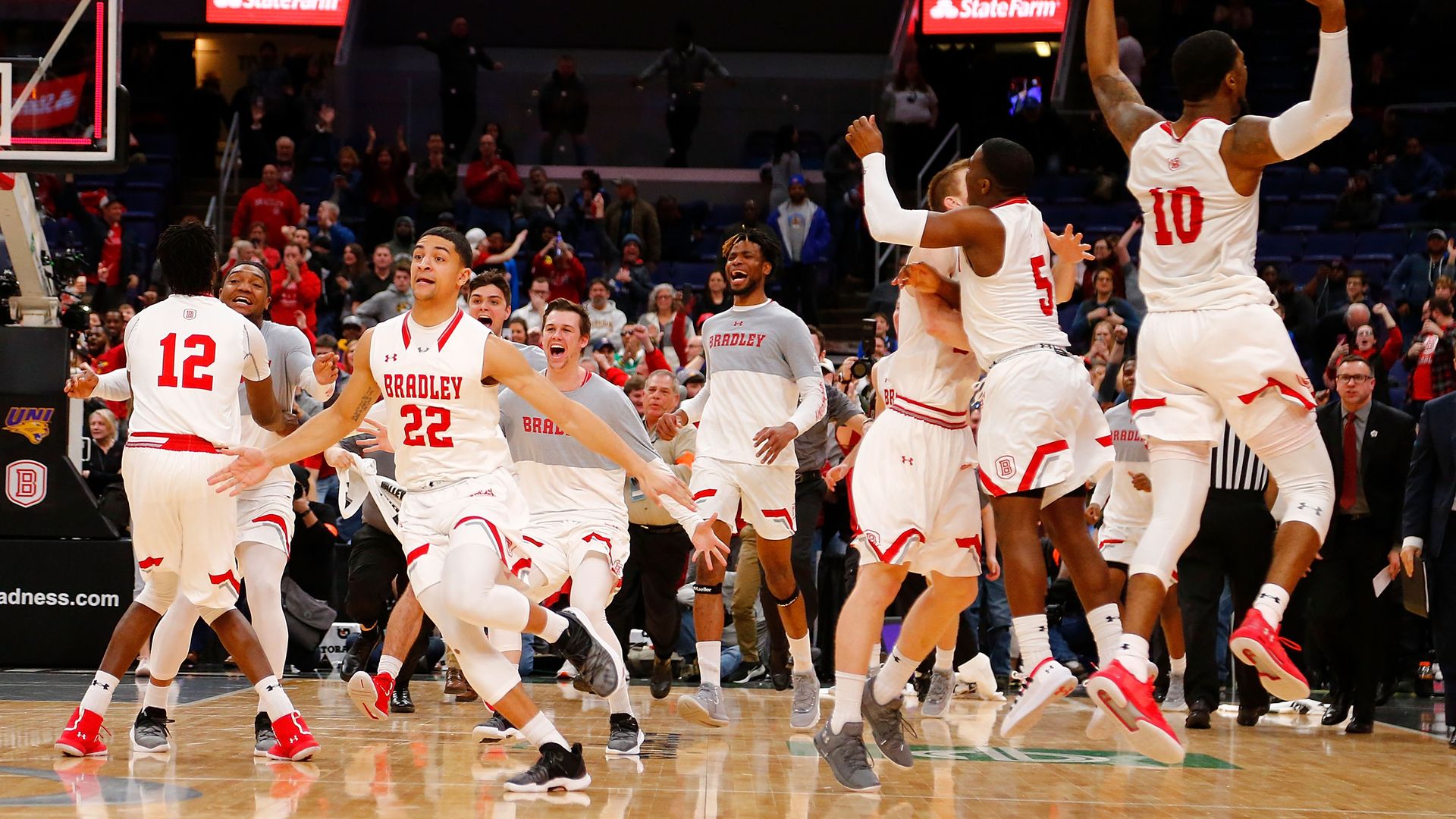 Bradley celebrates after winning the Missouri Valley championship