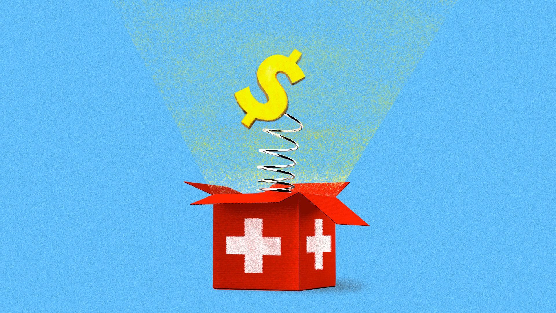 Illustration of a dollar sign springing out of a box with a healthcare cross on it.