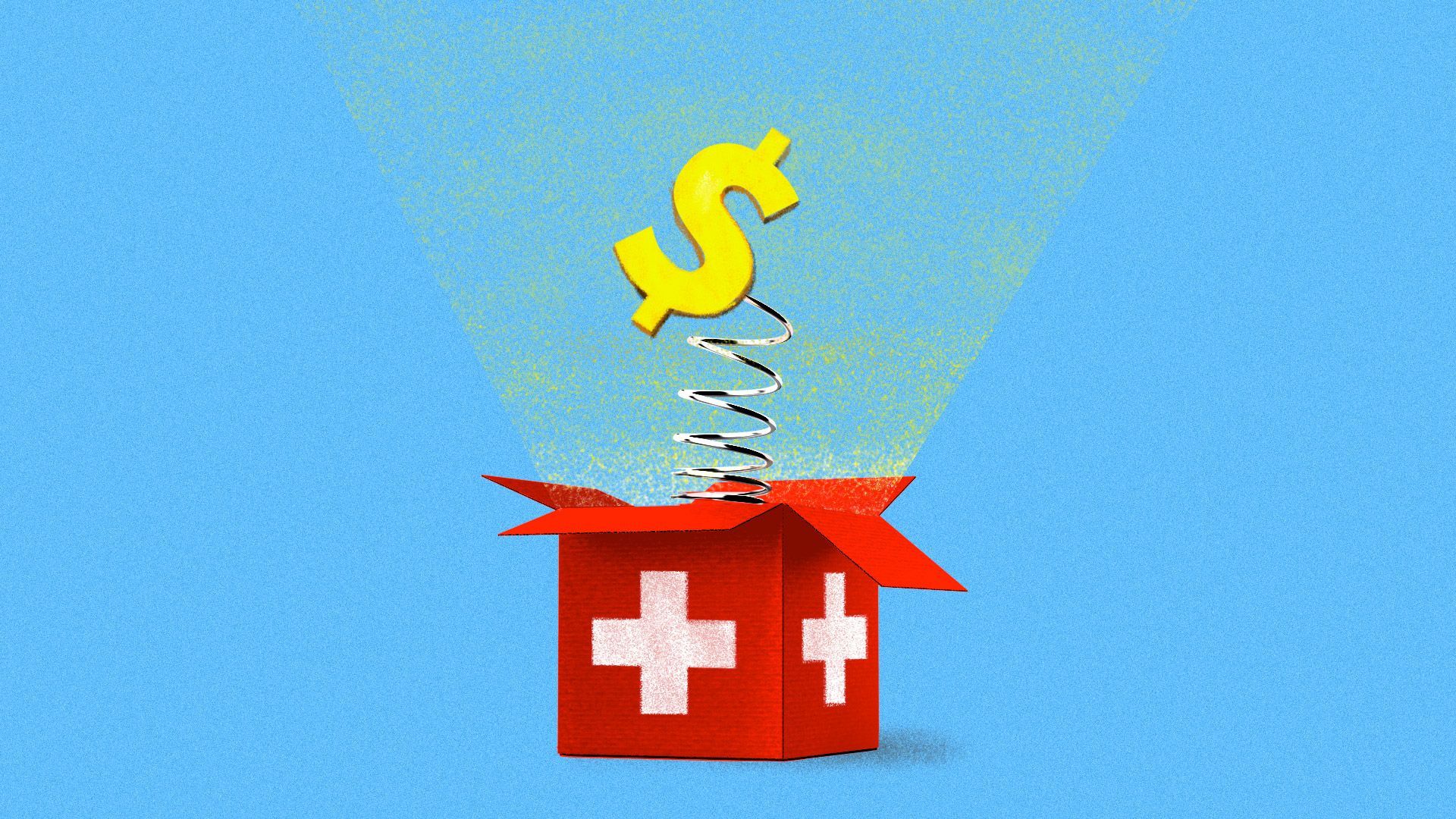 Illustration of a dollar sign springing out of a box with a healthcare cross on it.