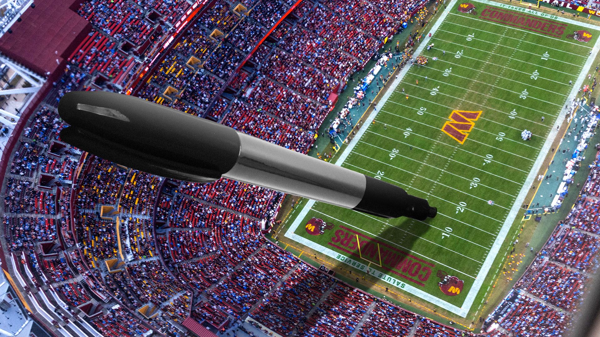 Photo illustration of a large sharpie embedded in the Northwest Stadium field.