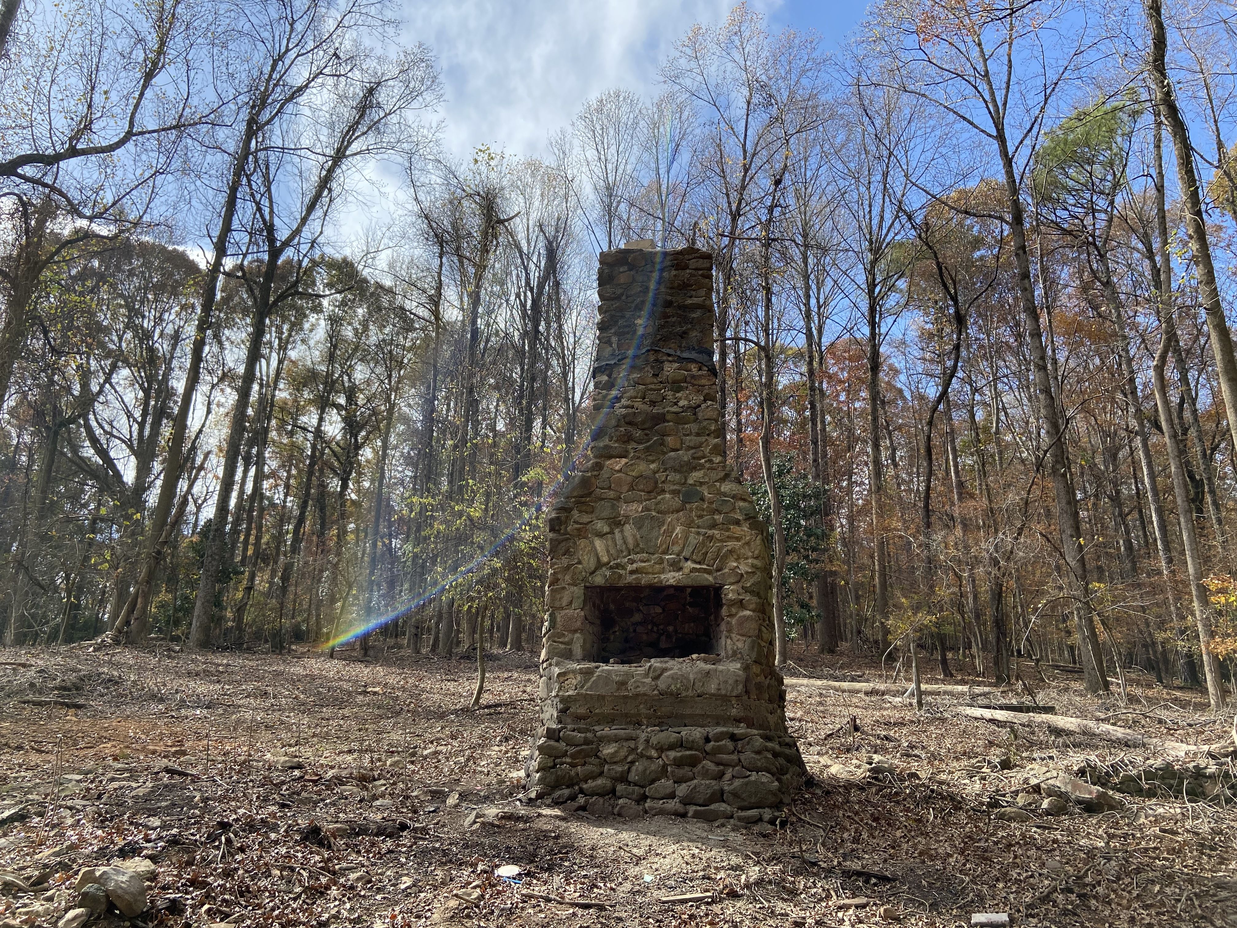 A lone stone chimney stands in a cleared section of the woods