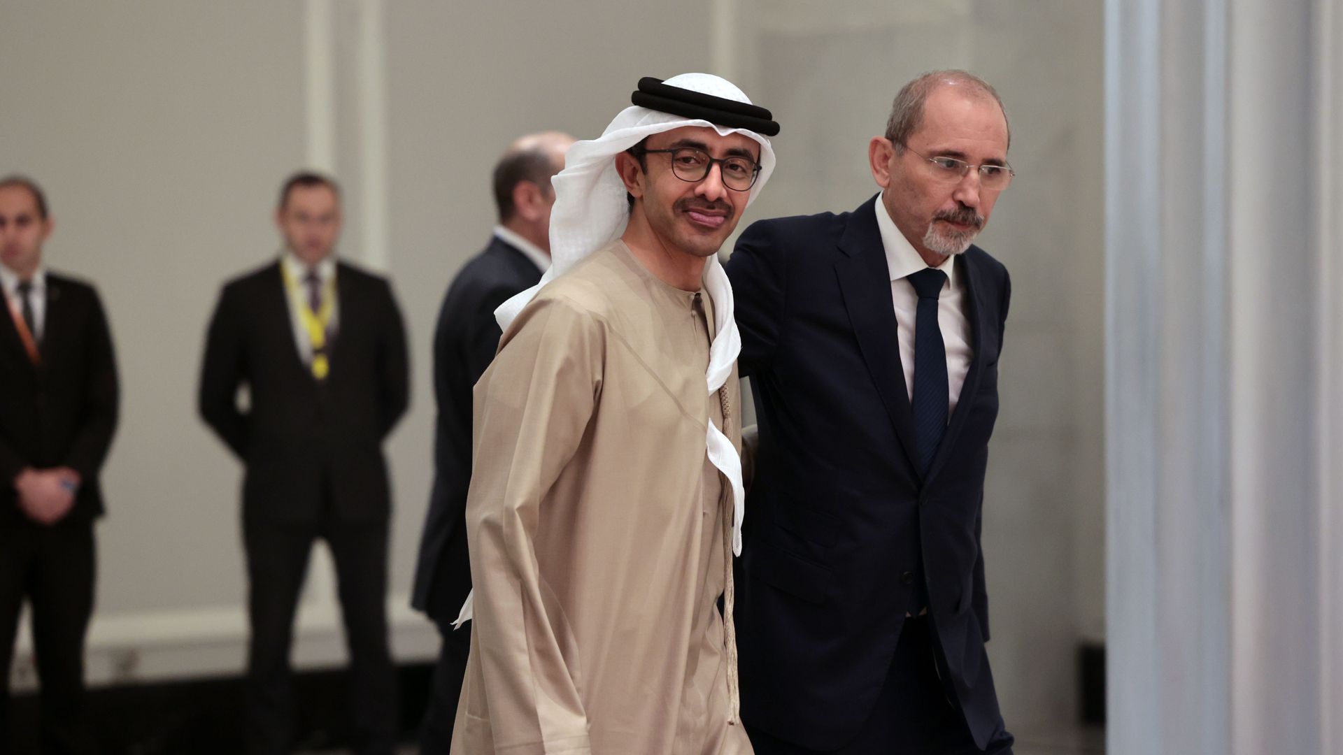 Emirati foreign minister Sheikh Abdullah bin Zayed Al Nahyan and Jordan's counterpart Ayman al- Safadi arrive for a meeting with U.S. Secretary of State Antony Blinken and foreign ministers of Egypt, Qatar, Saudi Arabia, and Palestinian representatives on November 04, 2023 in Amman, Jordan.