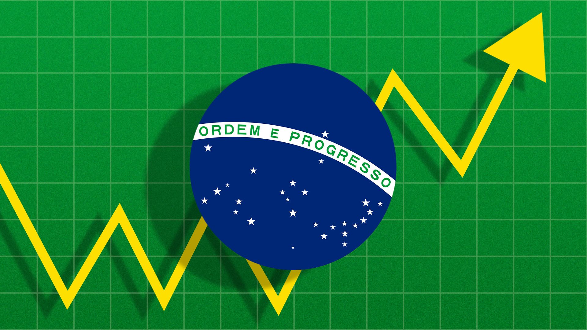 Illustration of the Brazilian flag altered so the yellow diamond is shaped like an upward trend line