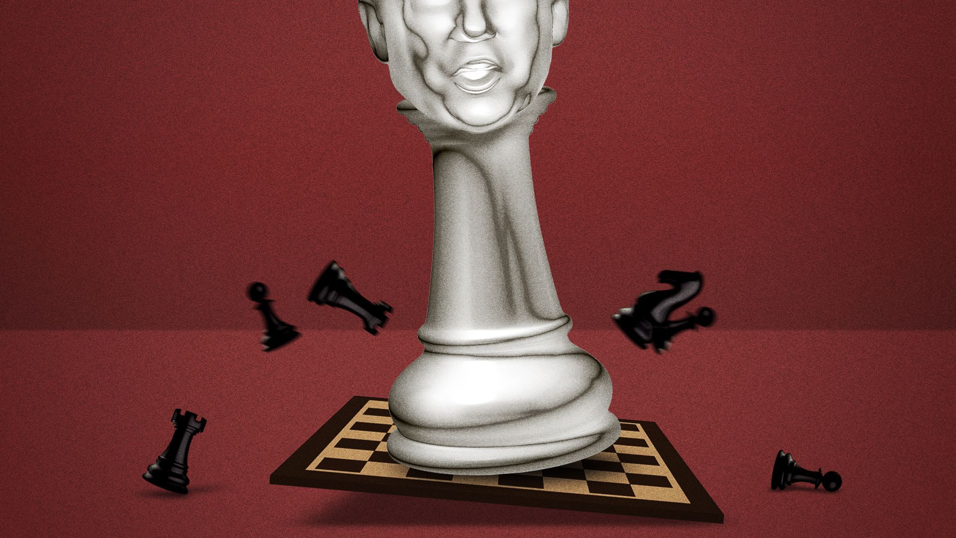 Illustration of a very large Trump chess piece crashing down on a regular sized board. 