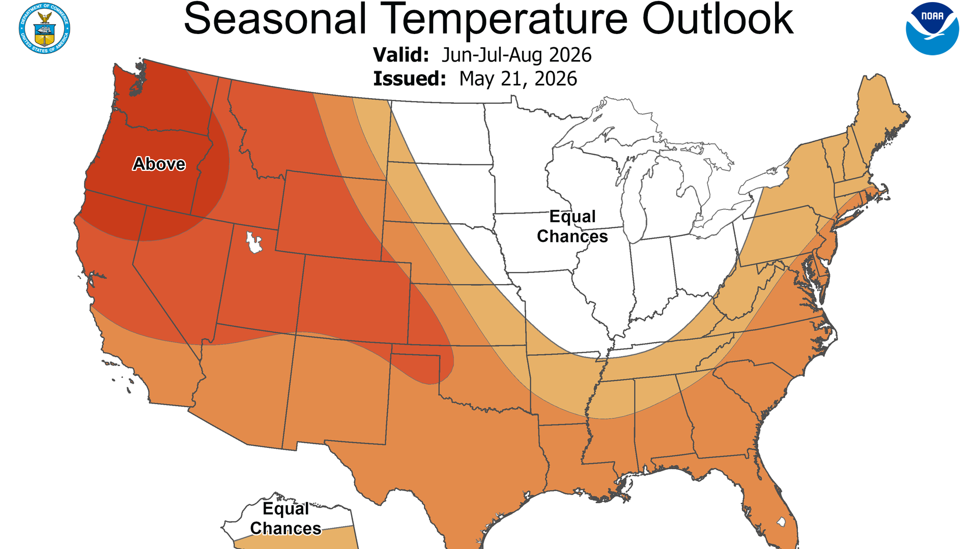 NOAA 'Seasonal Temperature Outlook' map of the United States showing mostly above-normal temperatures in red and orange, with an 'Equal Chances' region and a bottom-right legend.