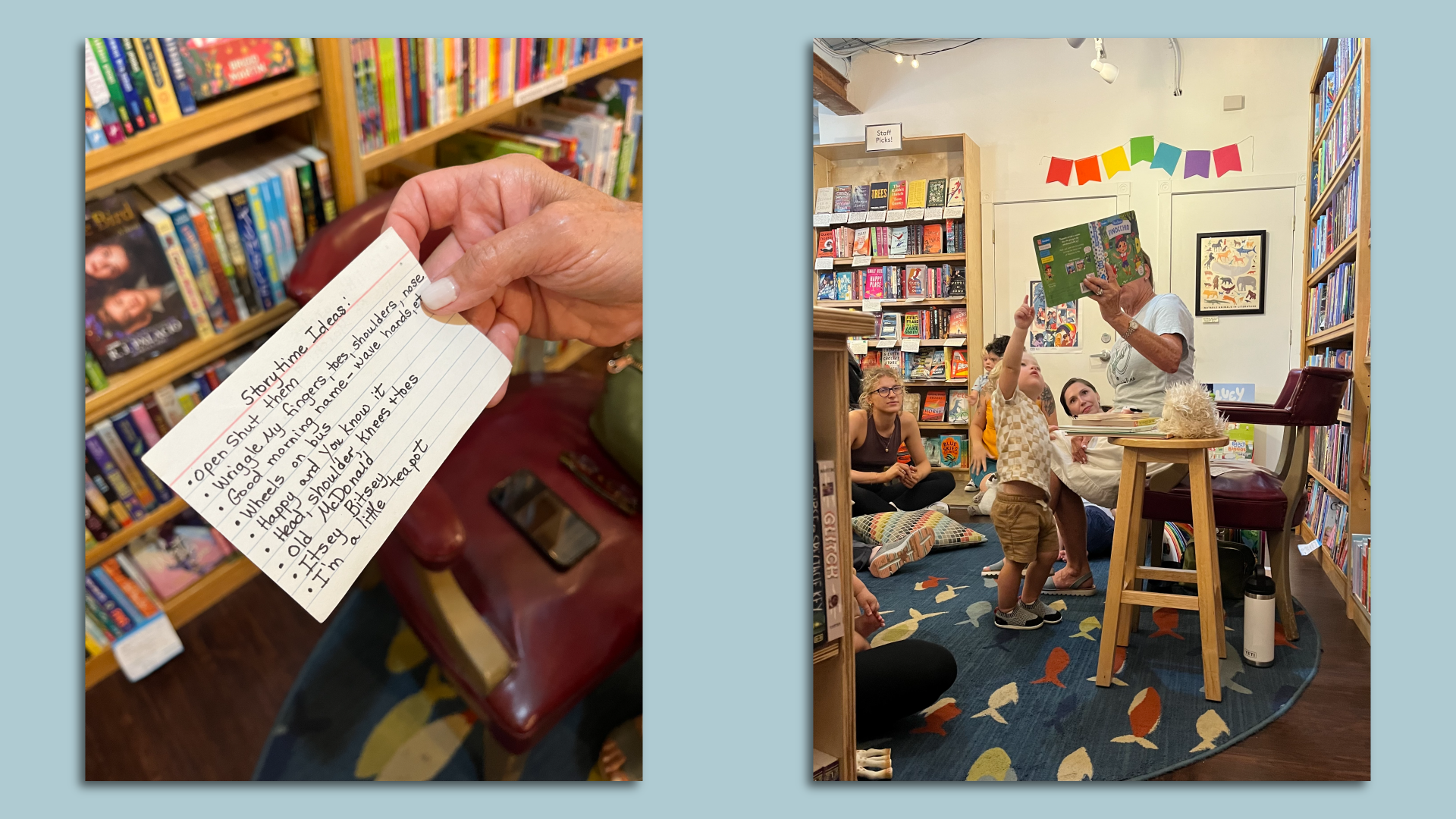 On the left, a photo of an index card with children's songs and rhymes written down in black pen. On the right, a woman reads "Pinocchio" in a bookstore while a child reaches up to touch a page.