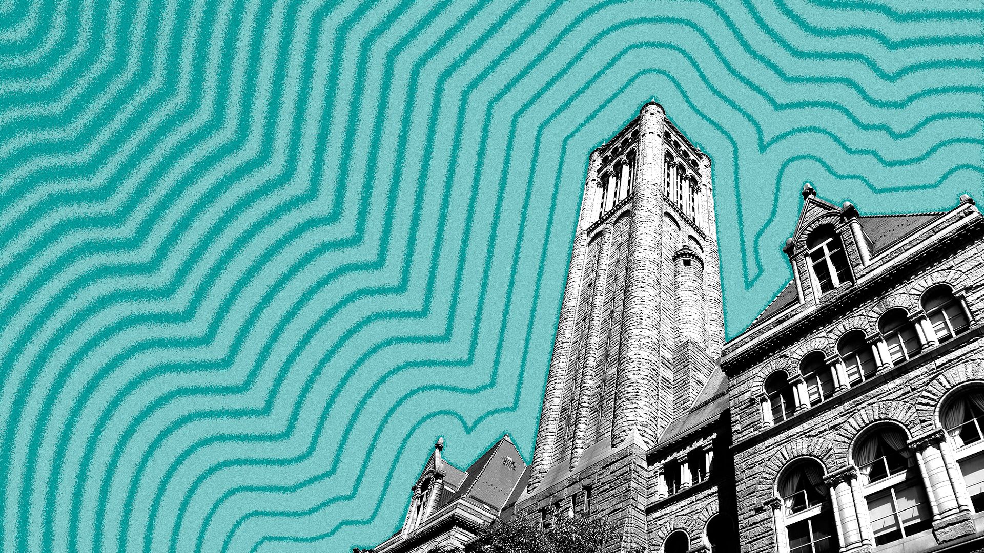 Illustration of the Allegheny County Courthouse with lines radiating from it.
