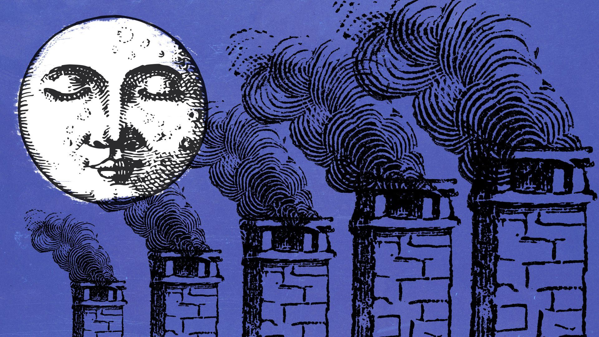 Illustration of the moon and smoke stacks.