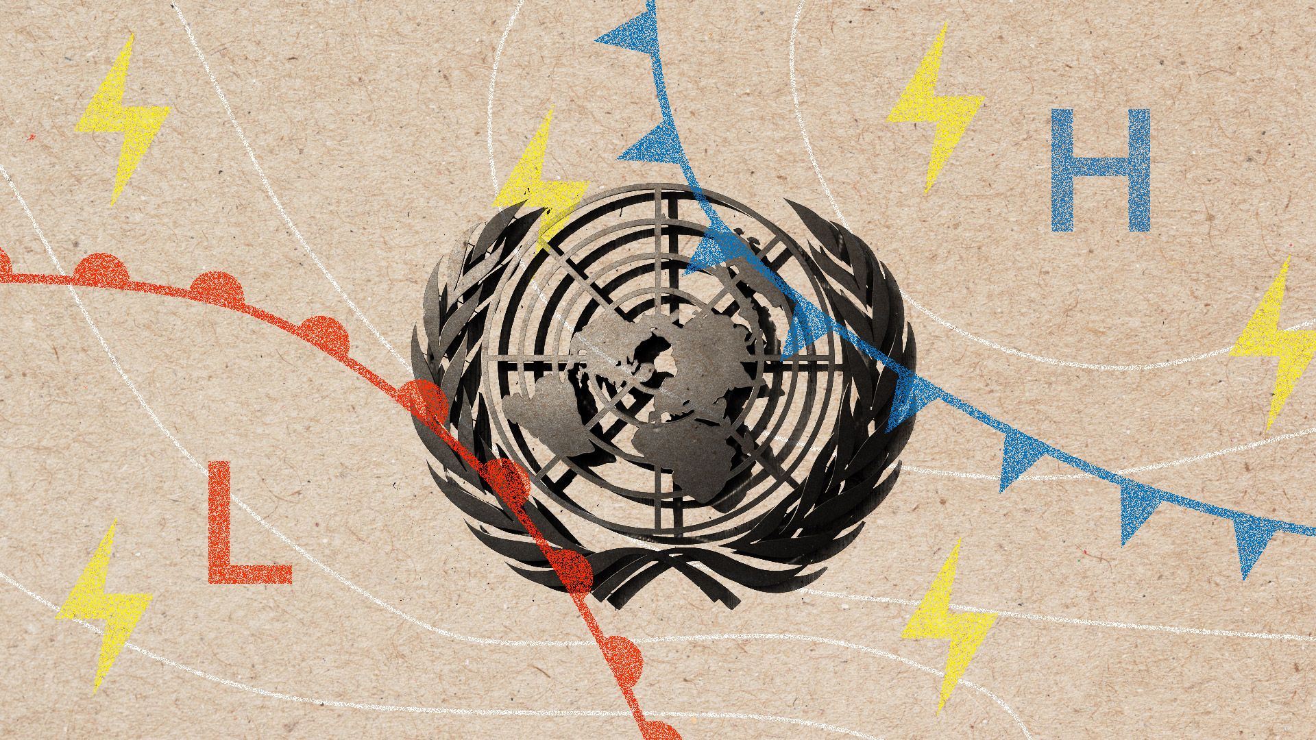 The United Nations seal being overtaken by meteorological symbols