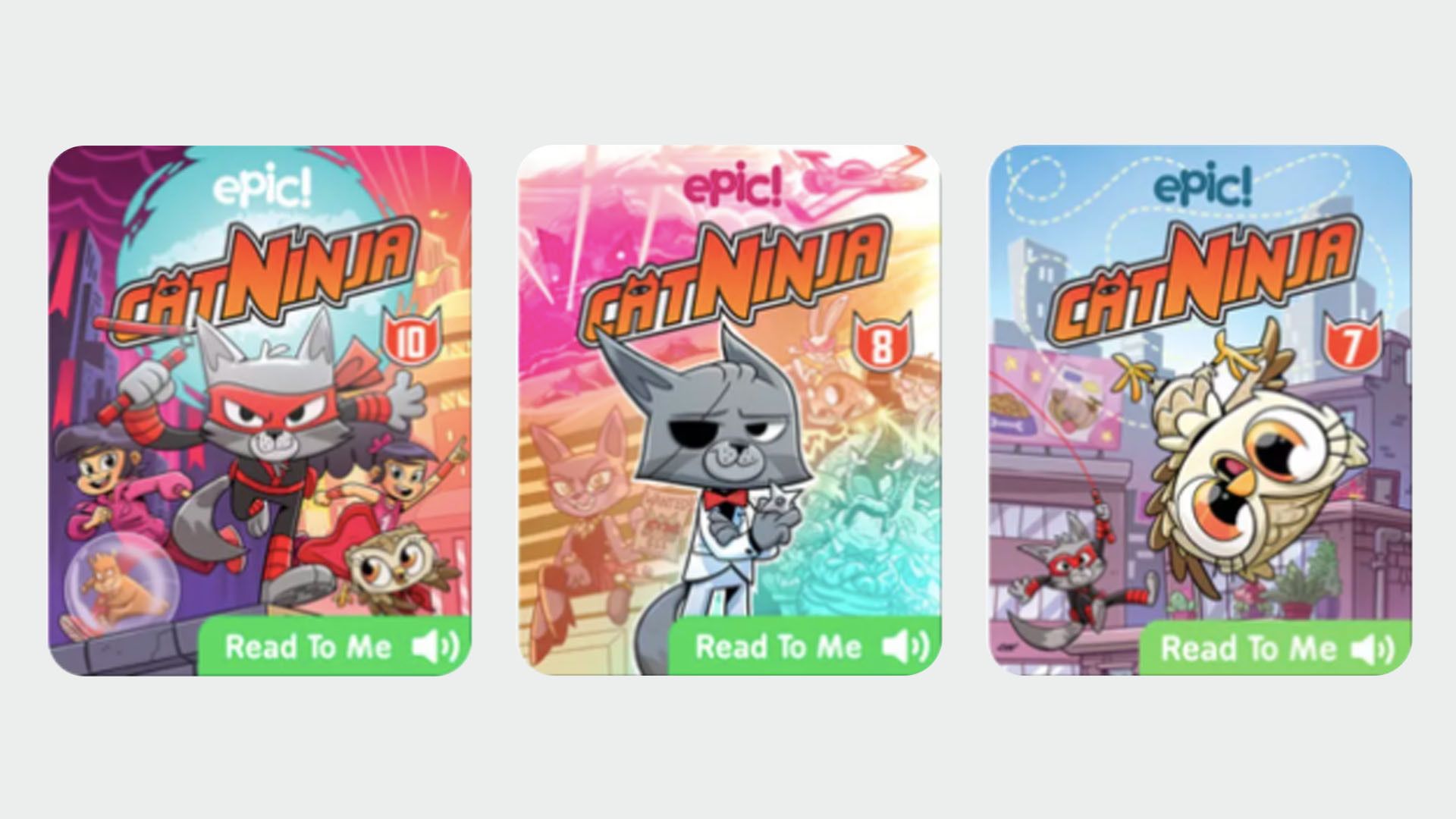 Two CatNinja ebook covers, one of a cat and another of an owl.