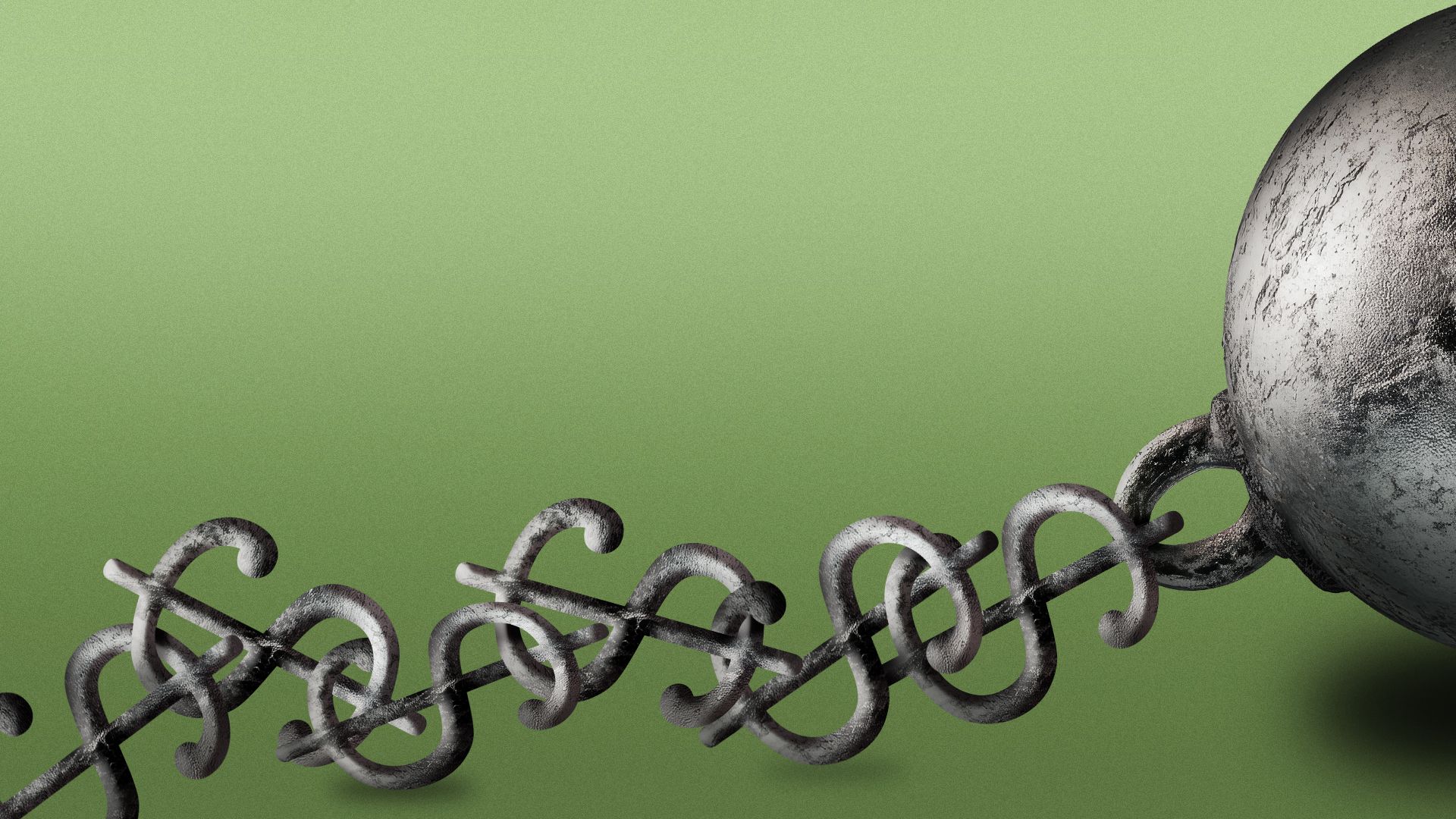 Illustration of a metal ball with a chain made out of dollar signs