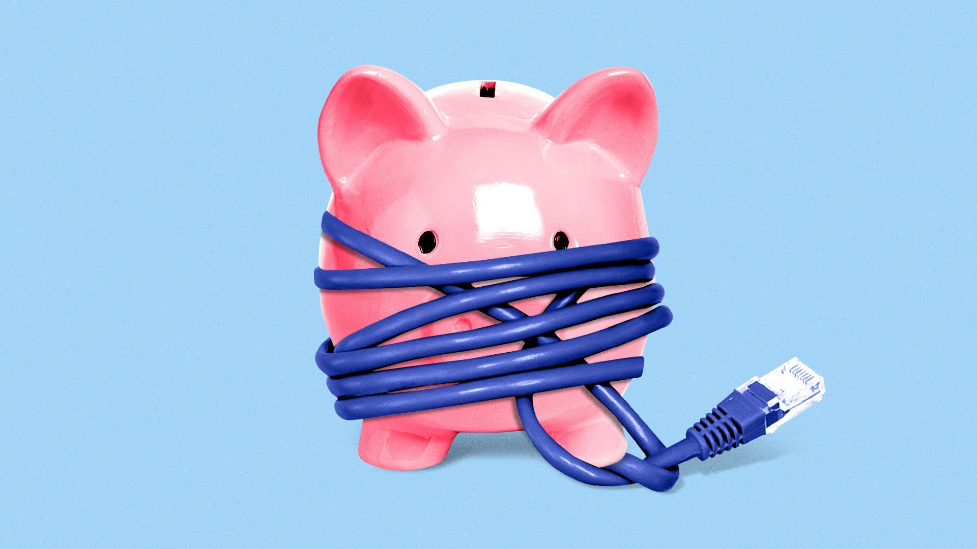 Illustration of piggy bank tied up in ethernet cable