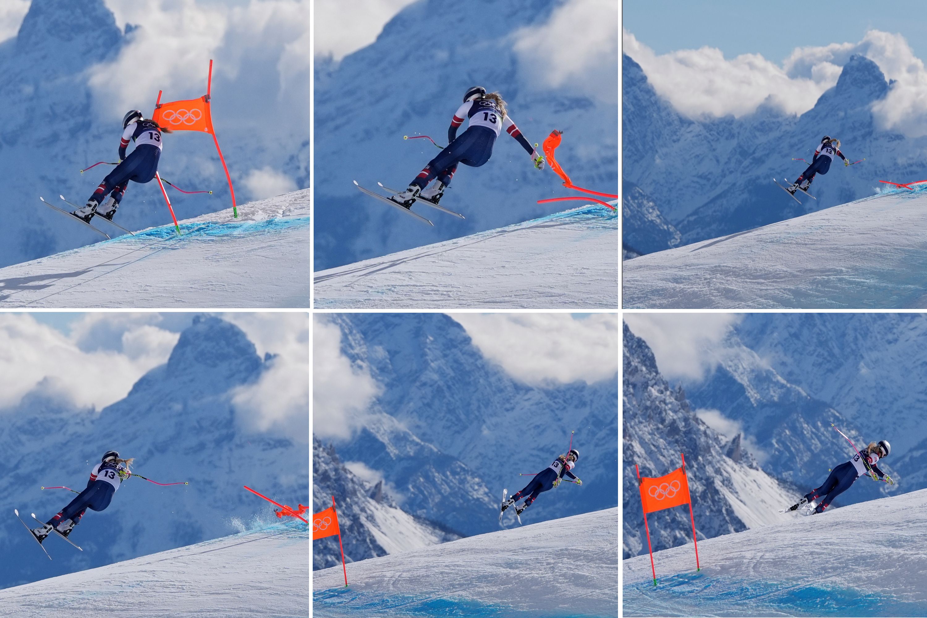 This composite image shows Lindsey Vonn crashing during the women's downhill race yesterday.