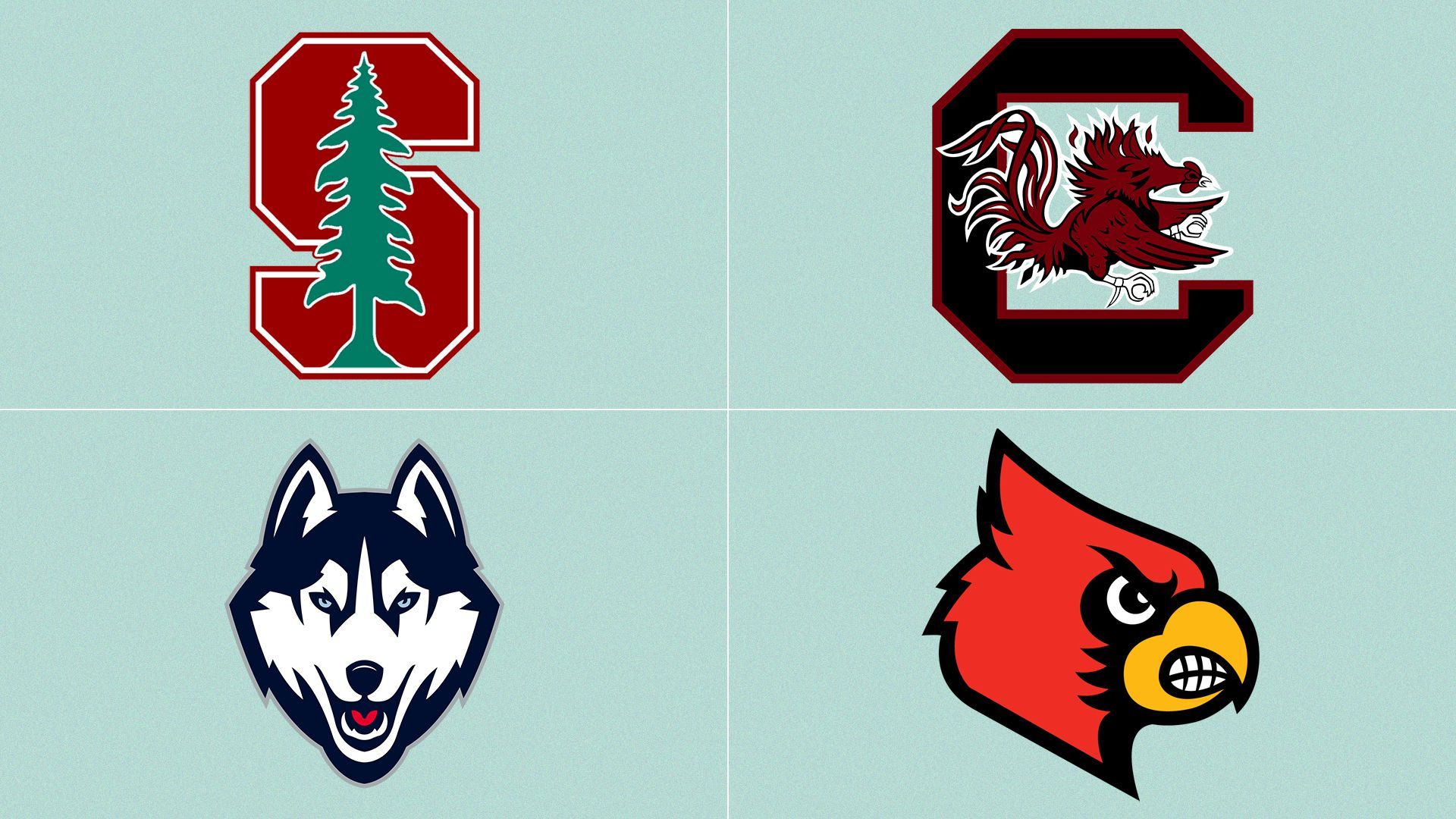 Logos of Standford, UConn, South Carolina and Louisville.