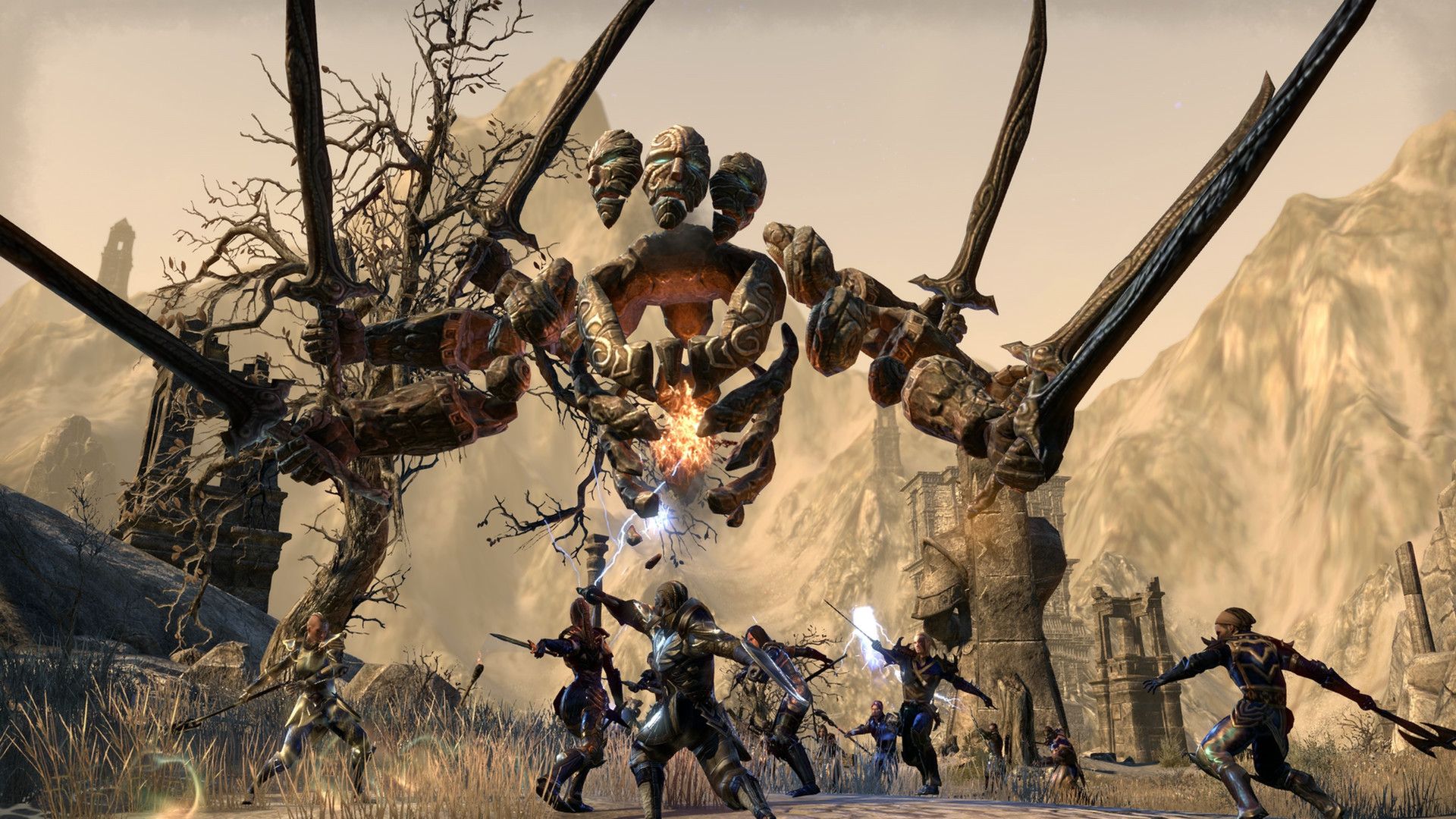 Video game screenshot of a group of armored warriors battling a giant skeletal monster
