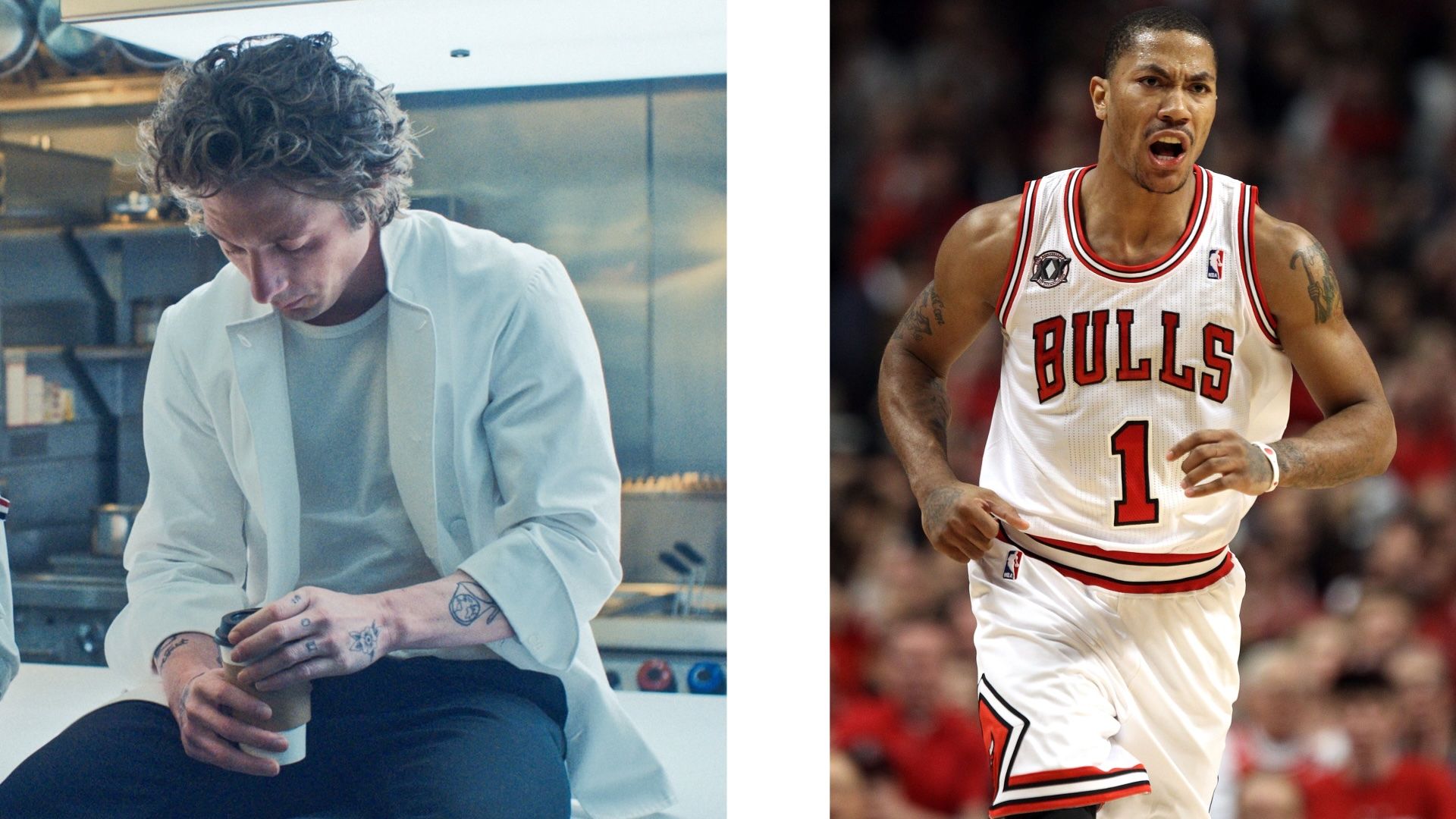 Jeremy Allen White as Carmy in The Bear sitting on a table with his head down. Right: Derrick Rose when he was a Chicago Bulls player wearing his Bulls uniform #1.