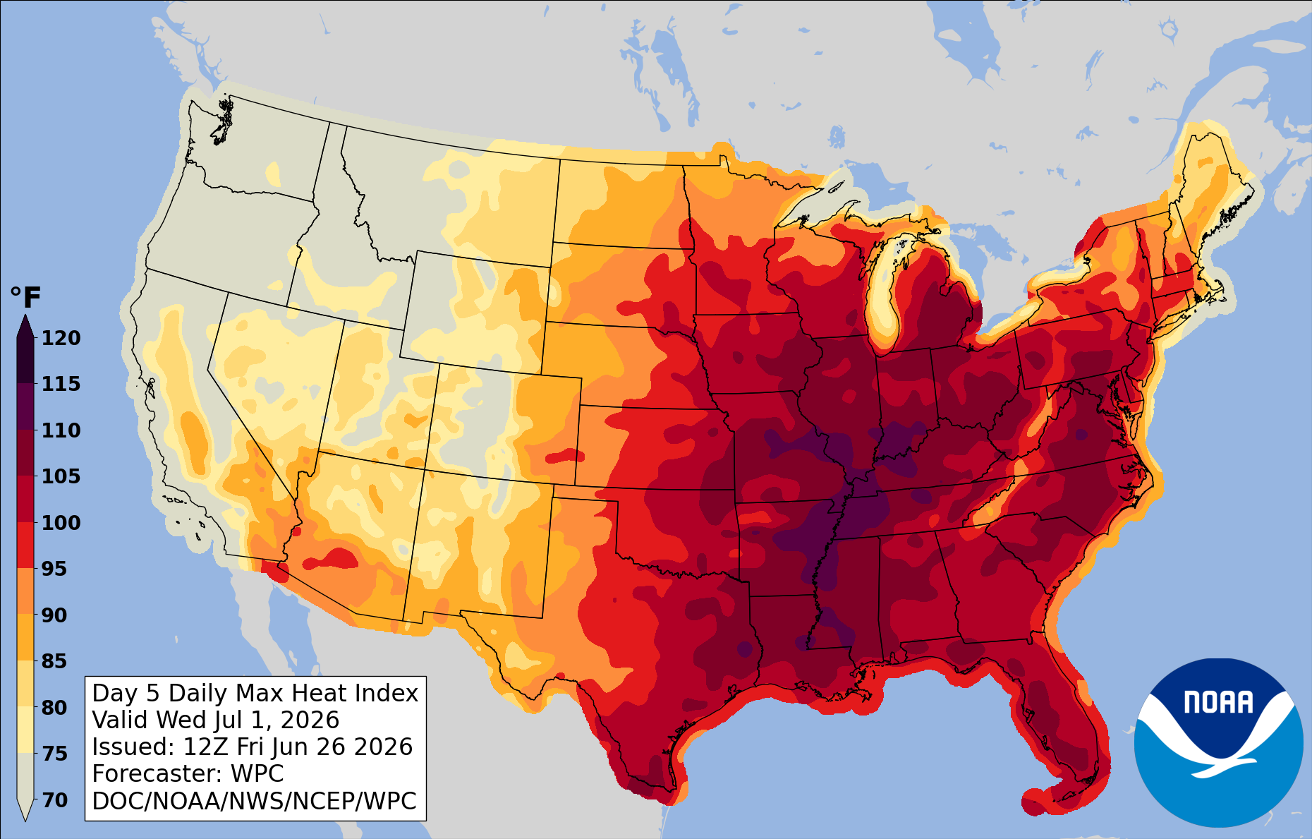 Map of Day 5 Daily Max Heat Index across the U.S. Color scale from yellow to deep red shows higher heat; hottest areas in the Southeast and central U.S. NOAA forecast, June 26, 2026.