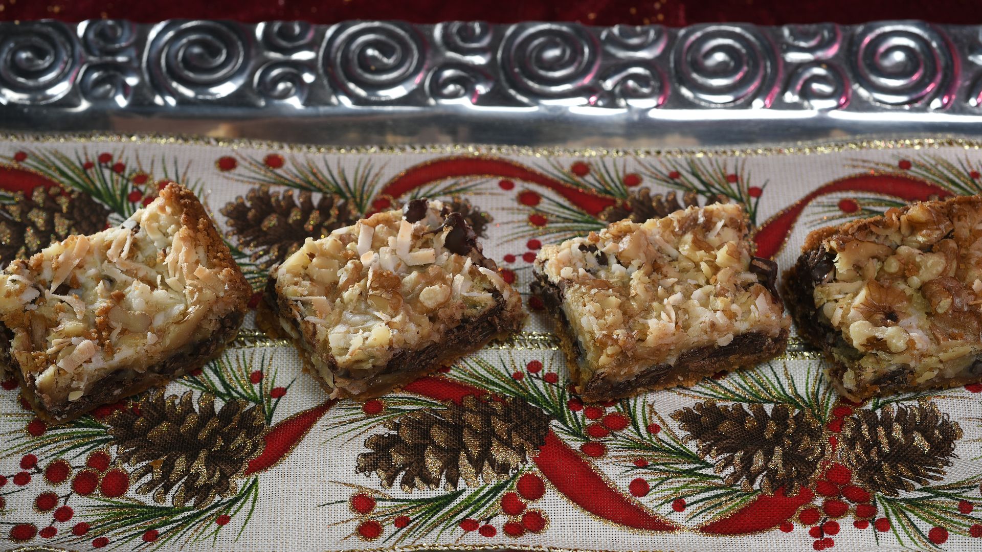 Squares of bar cookies on a holiday placemat