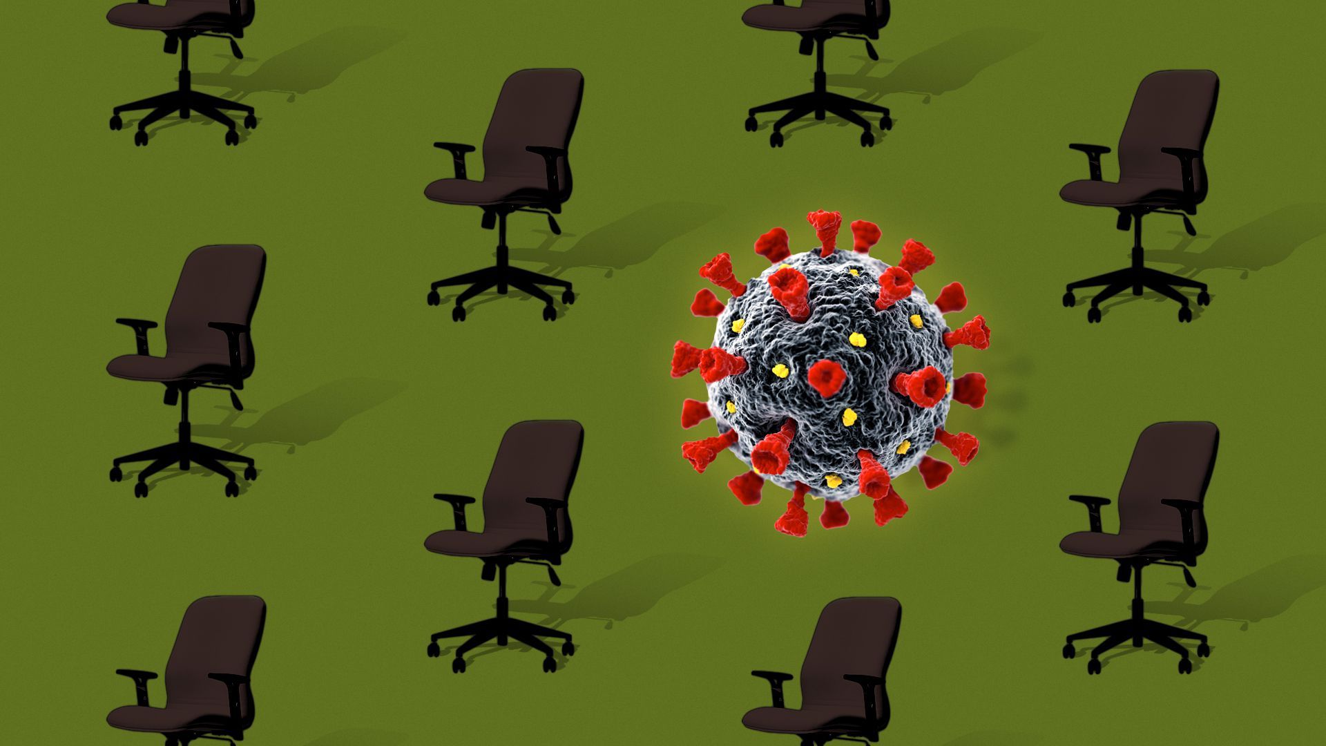Pattern of office chairs with a single image of the coronavirus virus breaking up the pattern.
