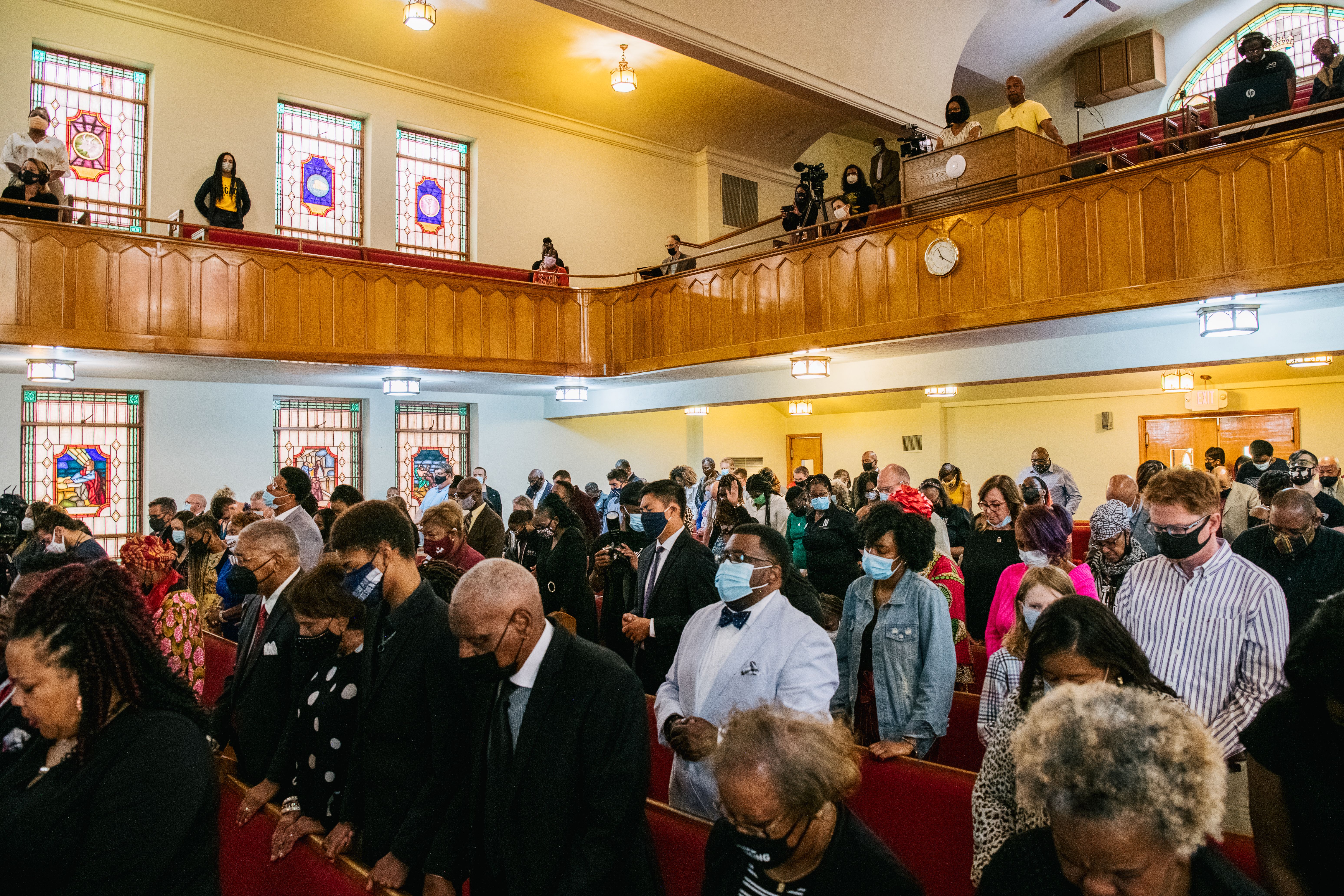 Community members attend a service at First Baptist Church North Tulsa in the Greenwood district during commemorations of  theTulsa Race Massacre on May 30