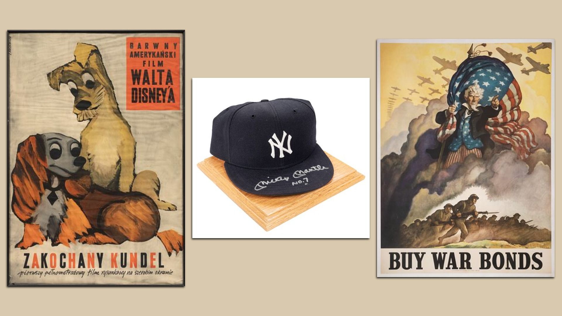 Three framed posters: left vintage Polish Walt Disney film poster featuring two dogs; center a black NY cap on a wooden board; right WW2 propaganda with Uncle Sam, American flag, and the slogan "BUY WAR BONDS".