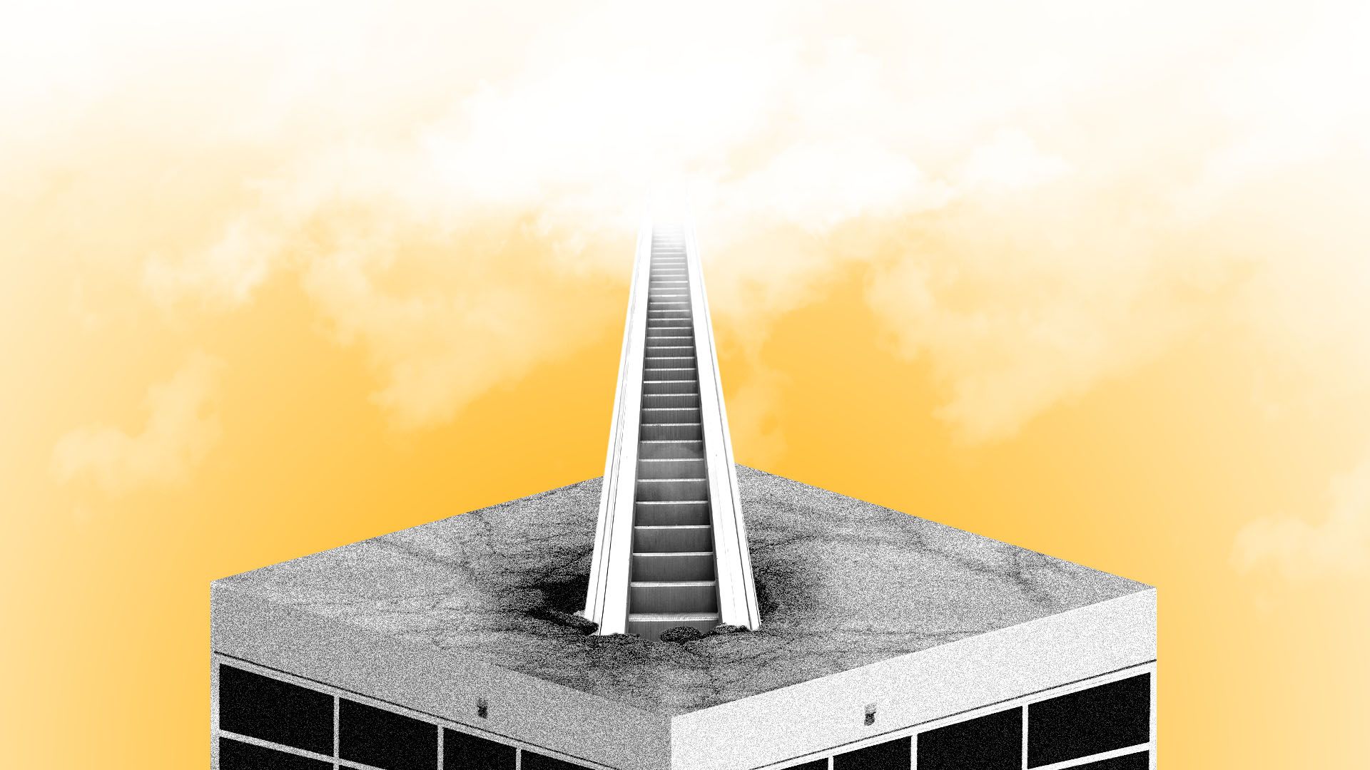 Illustration of an escalator crashing through the rough of a mall and extending into the clouds 